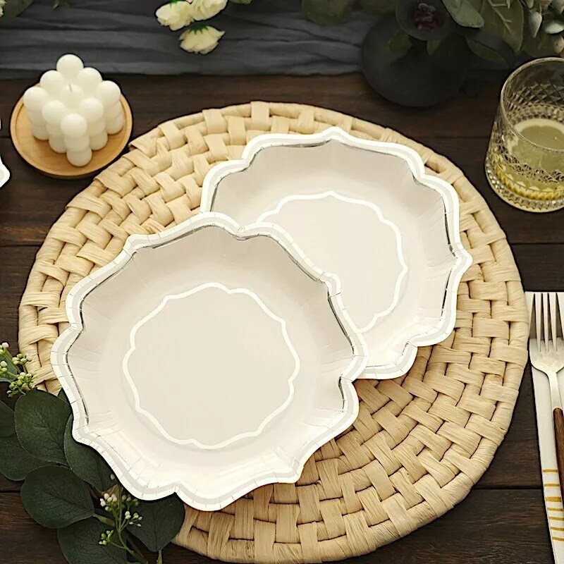 25 WHITE SILVER 8" Paper Salad DINNER PLATES Scallop Rim Design