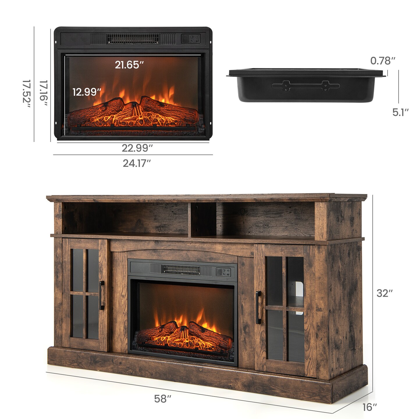 Tv Stand For Tvs Up To 65 Inch With Fireplace, Side Cabinets And Remote Control