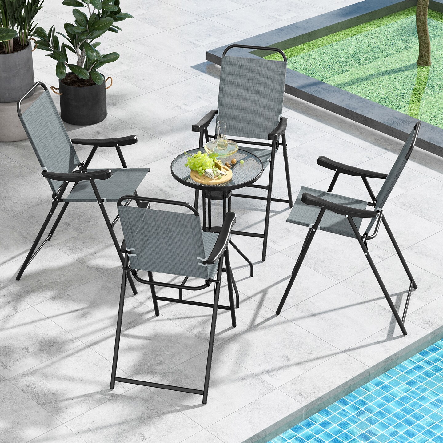 Patio Folding Bar Stool Set Of 4 With Metal Frame And Footrest