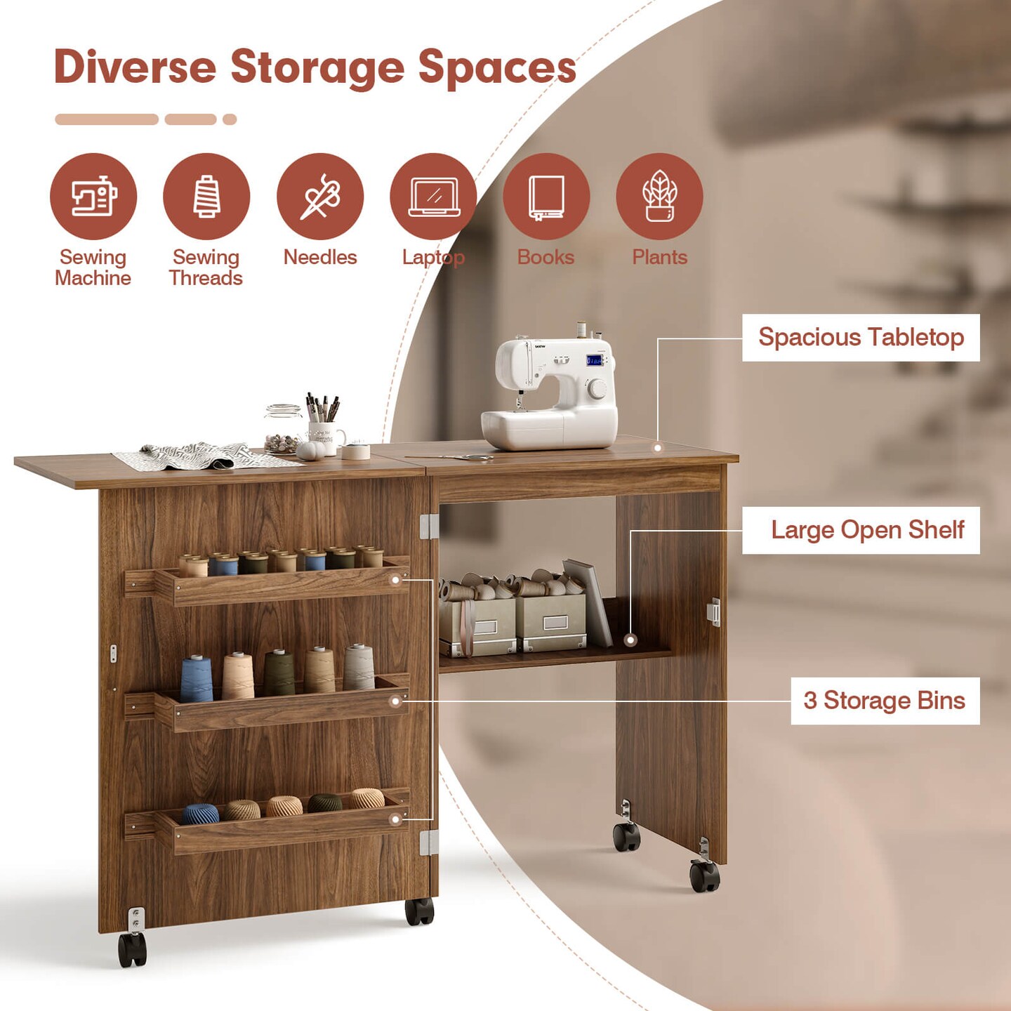 Folding Sewing Craft Table Shelf Storage Cabinet Home Furniture