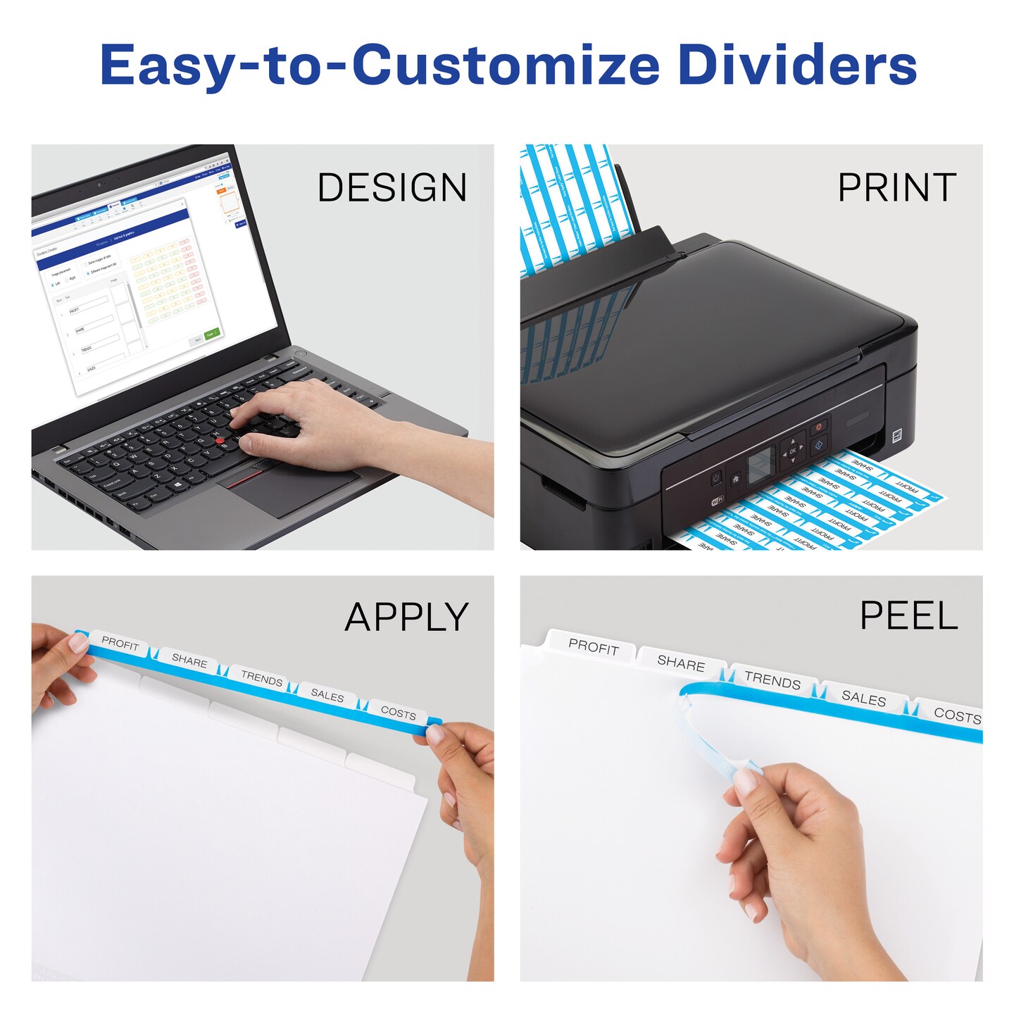 Avery 5 Tab Plastic Dividers for 3 Ring Binder, Easy Print &#x26; Apply Clear Label Strip, Index Maker Customizable Frosted White Tabs, 5 Sets (12449)