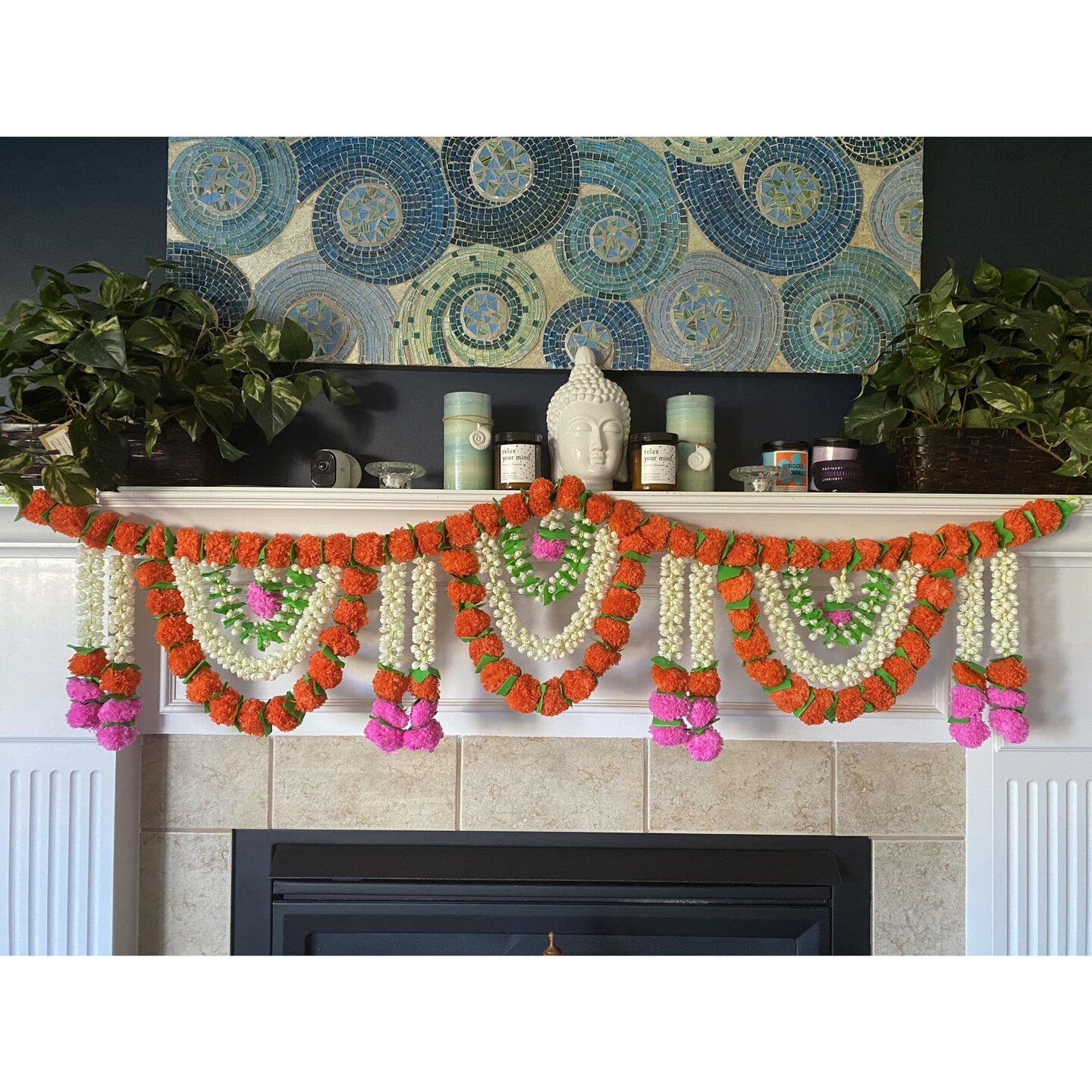 5 Feet Marigold Jasmine Door Toran Hanging Valance Marygold Garland Mantle Window Decor Puja Diwali Decoration Day of the Dead Dia De Los Muertos Ofrenda Mexican Fiesta Halloween Decor