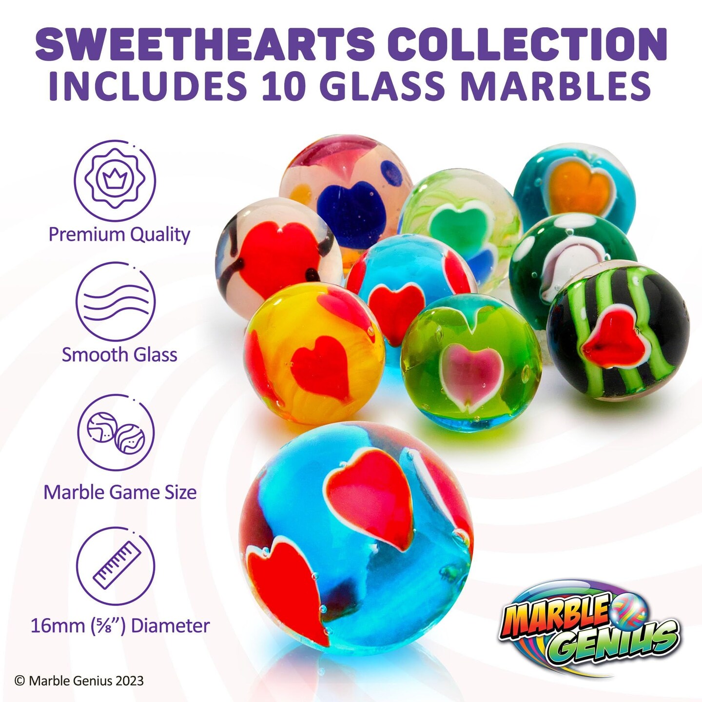 Marble Genius Collectors Marbles, Sweetheart Design, 16mm (&#x215D; Inch), 10 Handmade Glass Marbles, Gifts for Marble Lovers, Gifts for Kids Ages 3+