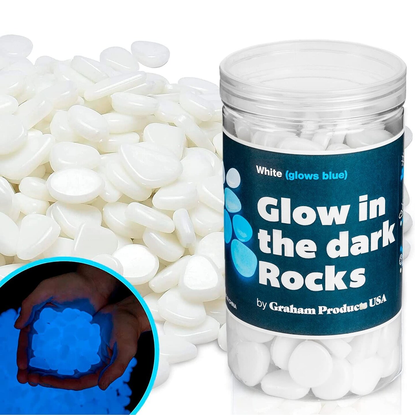 Graham Products 190 Pieces Glow in the Dark Rocks | Indoor &#x26; Outdoor Use - Garden, Fish Tank Pebbles, Planter, Walkway, Driveway Decoration &#x26; More | For Kids Aged 6 &#x26; Up | Powered by Sunlight - White