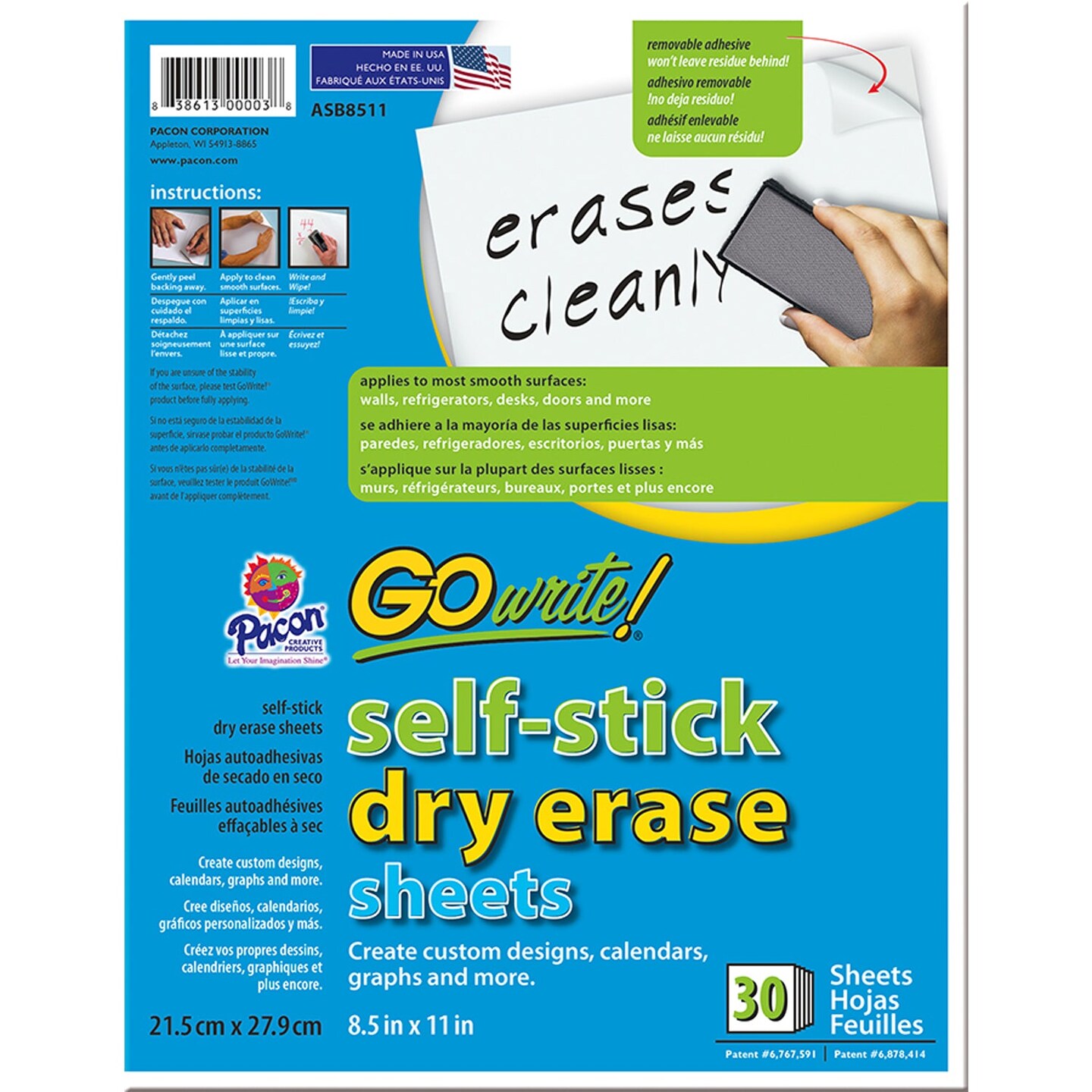 Dry Erase Sheets, Self-Adhesive, White, 8-1/2&#x22; x 11&#x22;, 30 Sheets