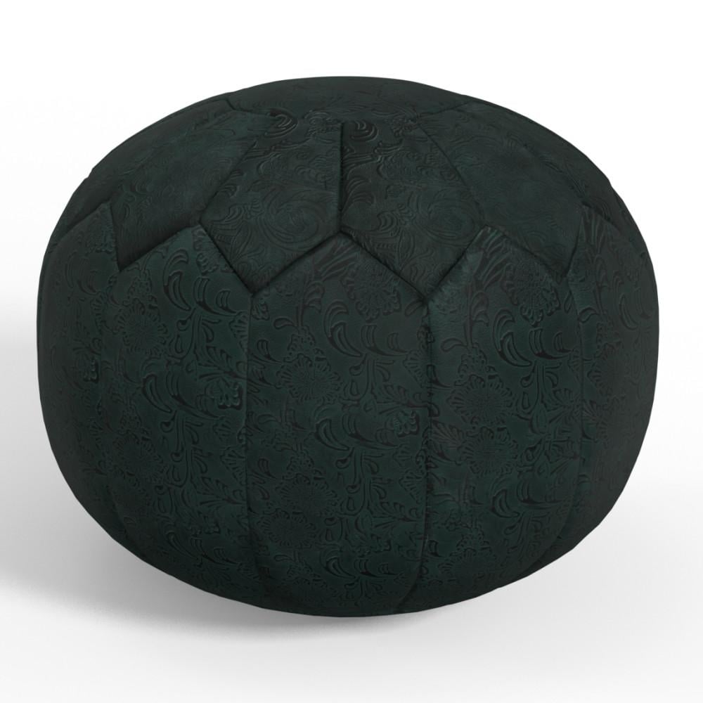 Simpli Home Drury Round Pouf, Footstool, Upholstered In Teal Patterened Leather