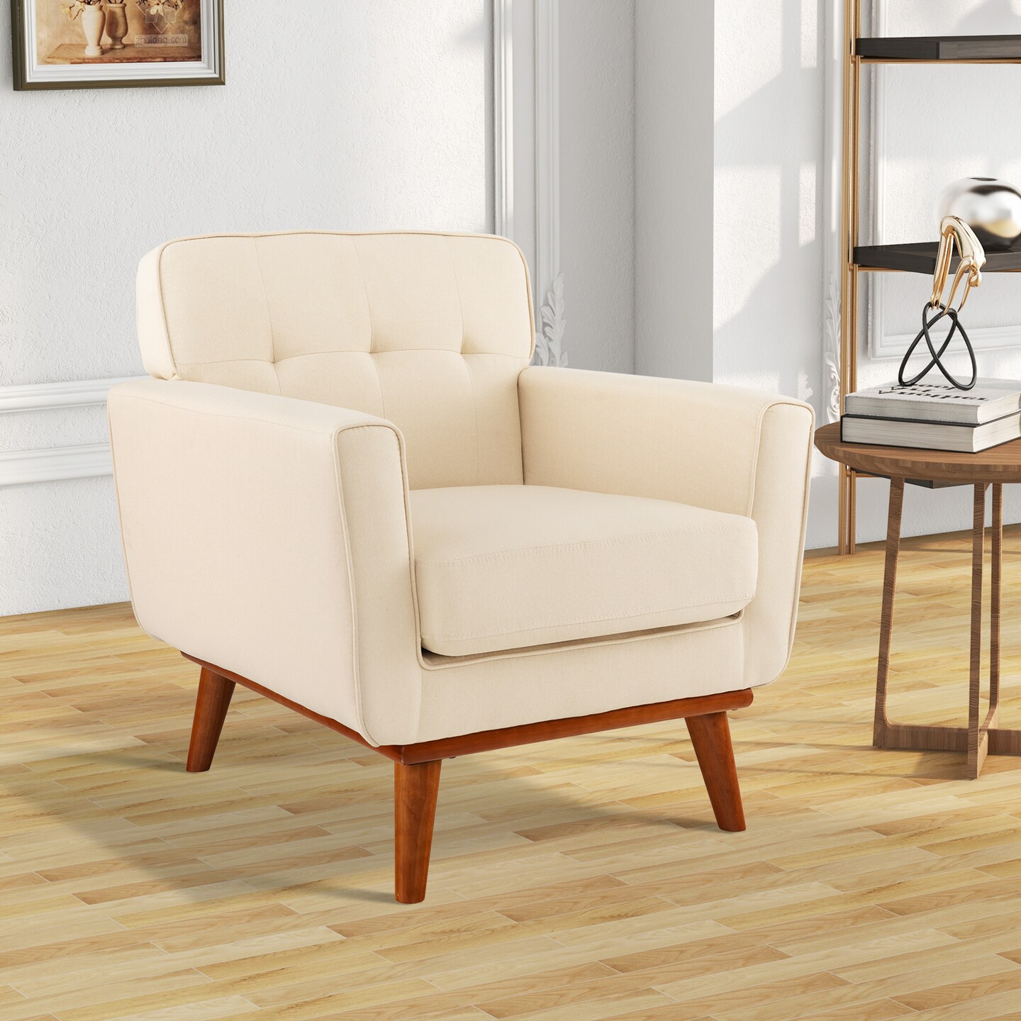 Modern Accent Chair Upholstered Linen Fabric Armchair With Removable Padded Seat Cushion