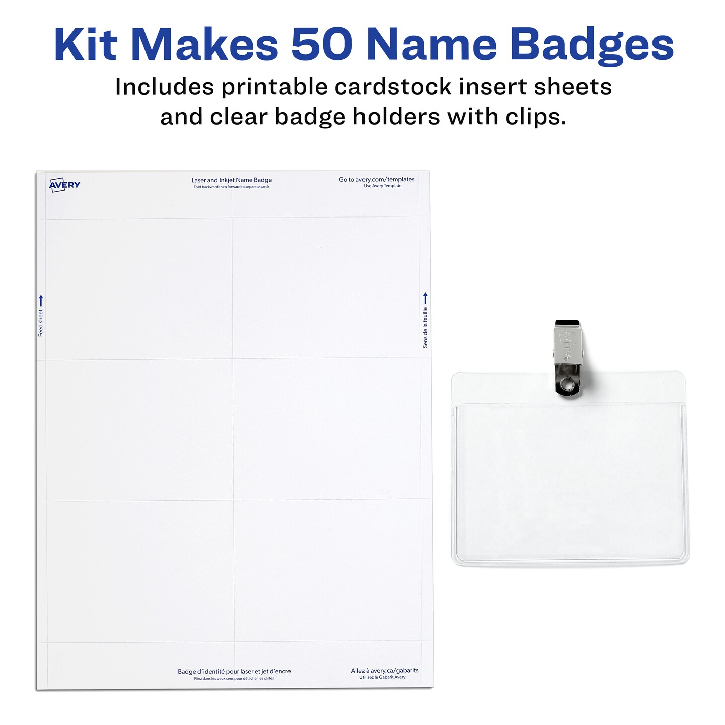 Avery Customizable Name Badges with Clips, 3" x 4", Clear Name Tag Holders with White Printable Inserts, 50 Clip Style Name Badges for Laser and Inkjet (74536)