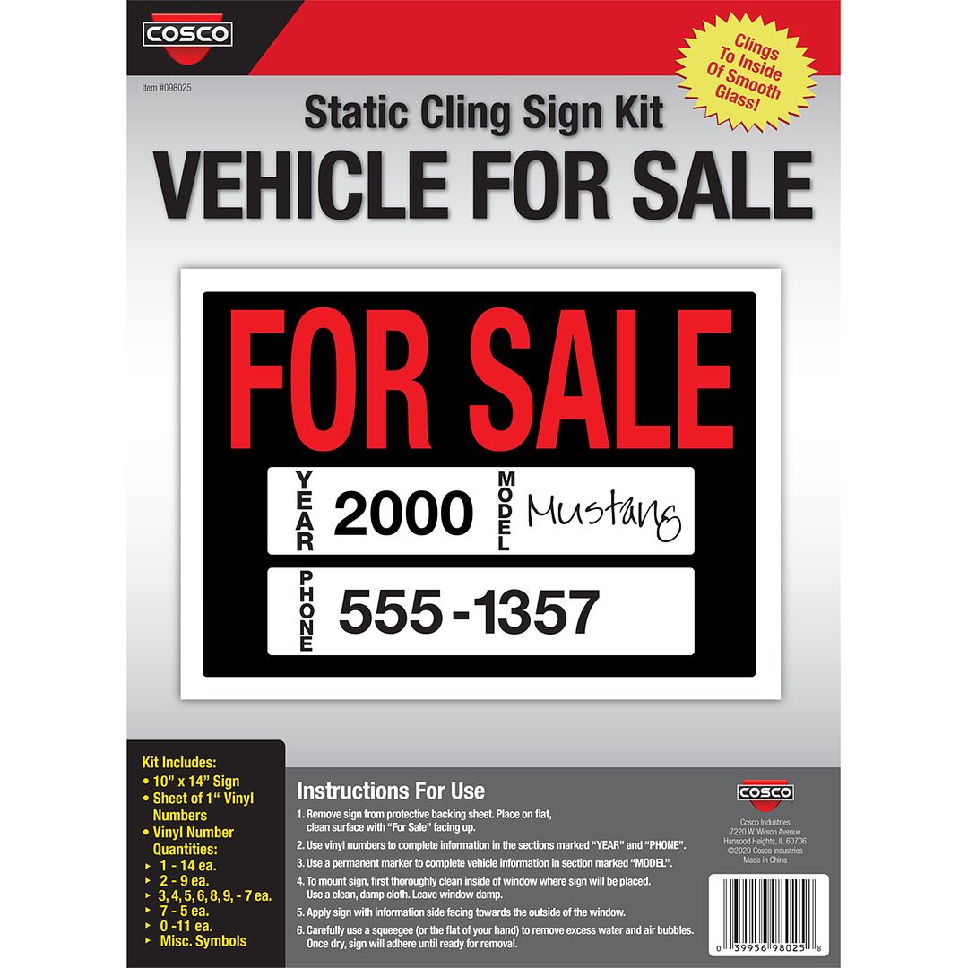 COSCO Vehicle FOR SALE Sign, 10&#x22; x 14&#x22;, Static Cling with Preprinted Year, Model and Phone Area, Black Sign with Red Imprint, Static Cling Numbers Included, 1 each