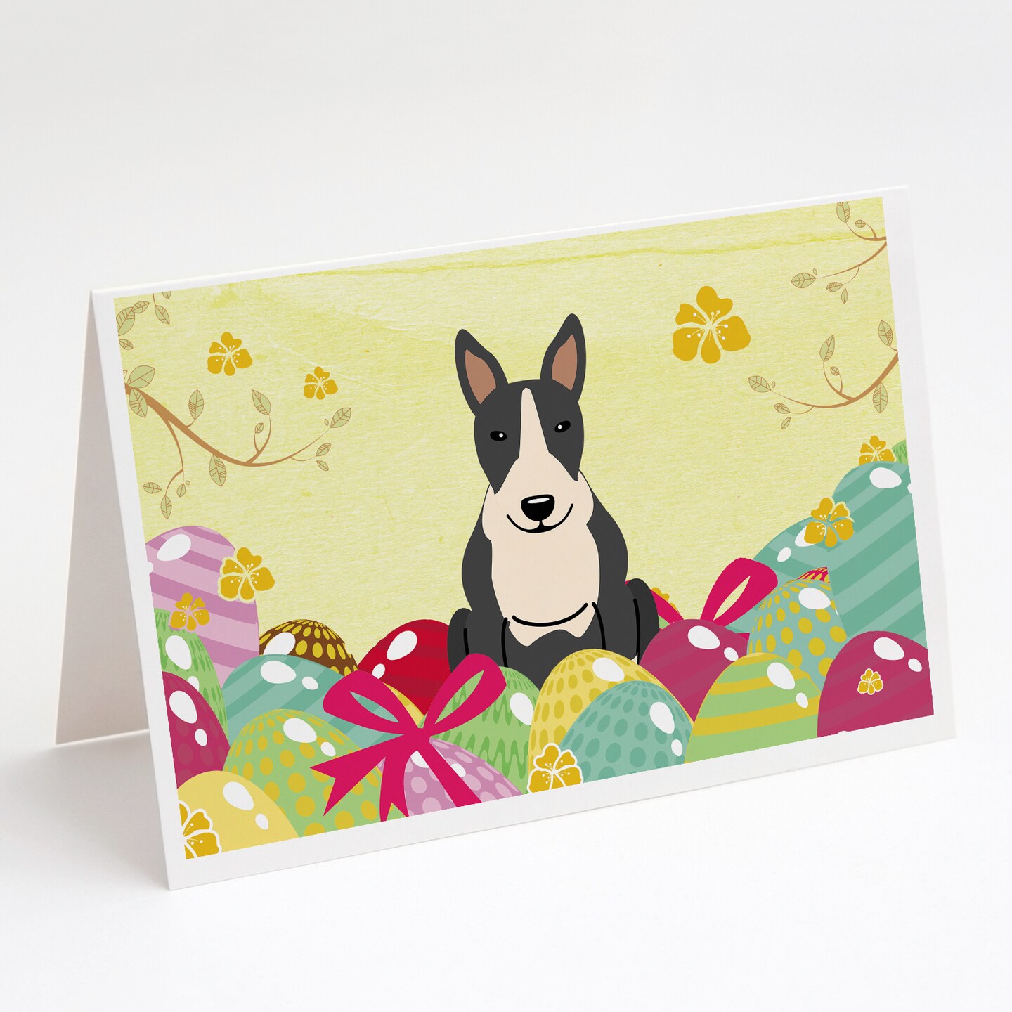 Caroline&#x27;s Treasures Easter Eggs Bull Terrier Black White Greeting Cards and Envelopes Pack of 8