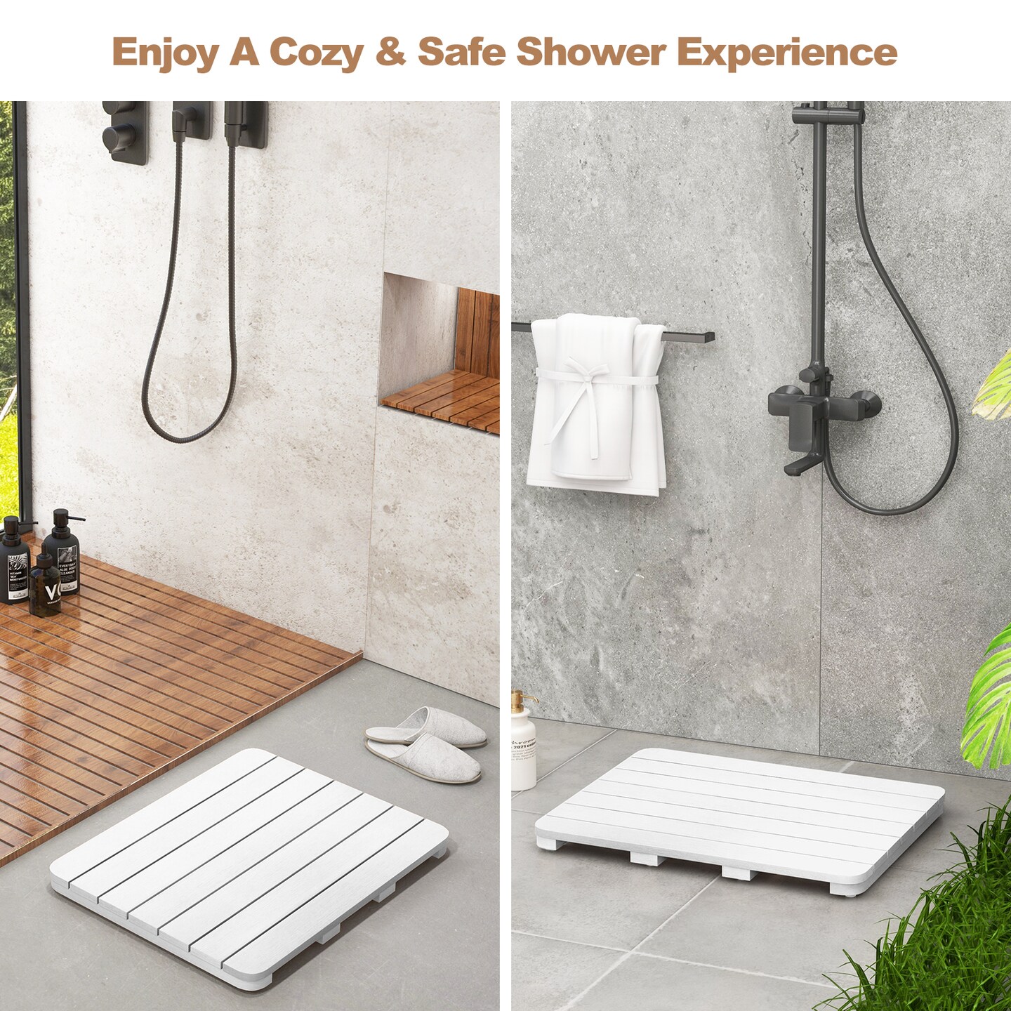 Costway 23.5" x 19" Bath Mat HIPS Spa Shower Mat for Bathroom with Non Slip Foot Pads Brown/White