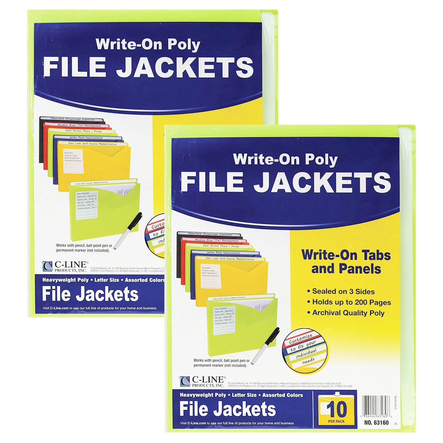 Write-On Poly File Jackets, Assorted Colors, 11&#x22; x 8-1/2&#x22;, 10 Per Pack, 2 Packs