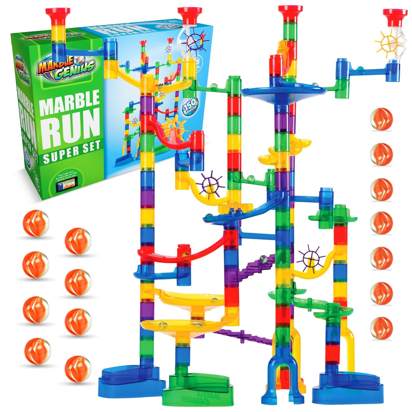 Marble Genius Marble Run - Maze Track Toys for Adults, Teens, Toddlers, or Kids Aged 4-8 Years Old, 150 Complete Pieces (85 Translucent Marbulous Pieces + 65 Glass-Marble Set), Super Set