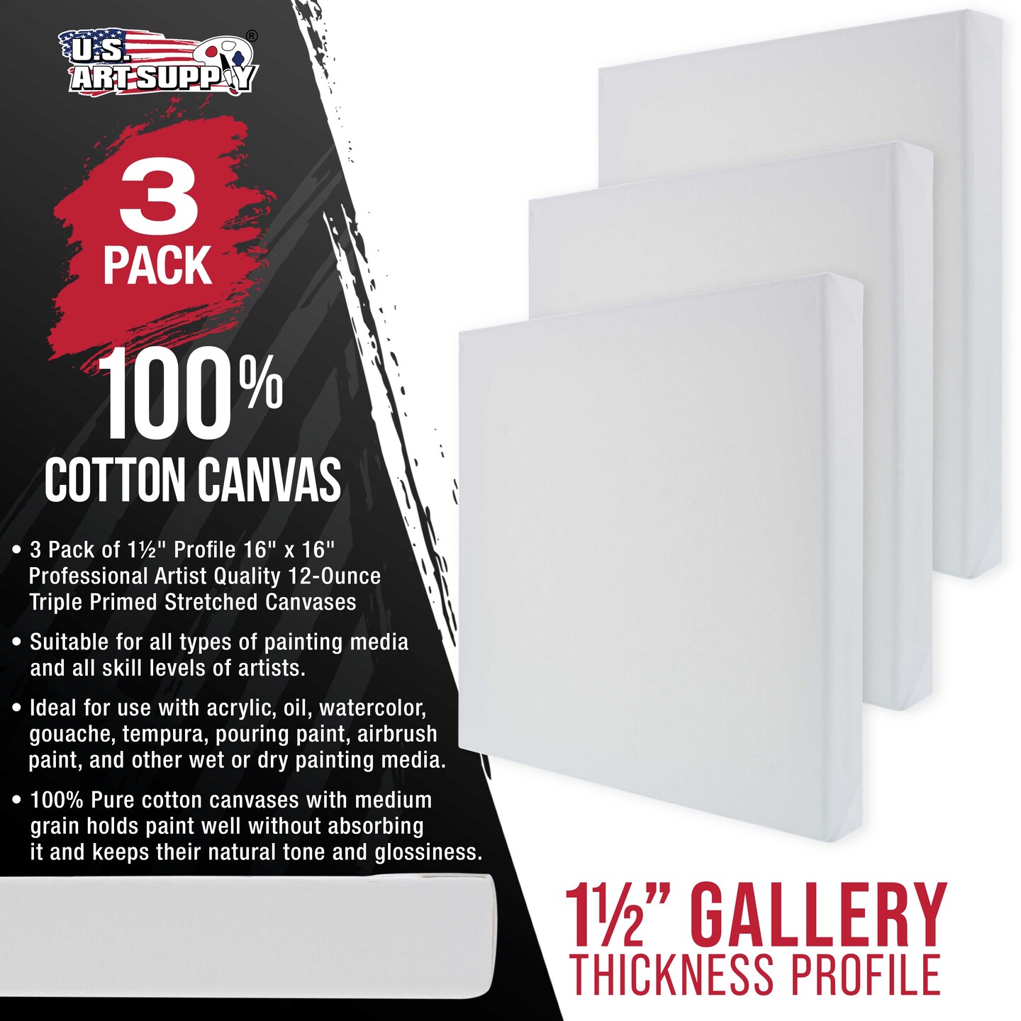 16 x 16 inch Gallery Depth 1-1/2&#x22; Profile Stretched Canvas, 3-Pack - 12-Ounce Acrylic Gesso Triple Primed, - Professional Artist Quality, 100% Cotton