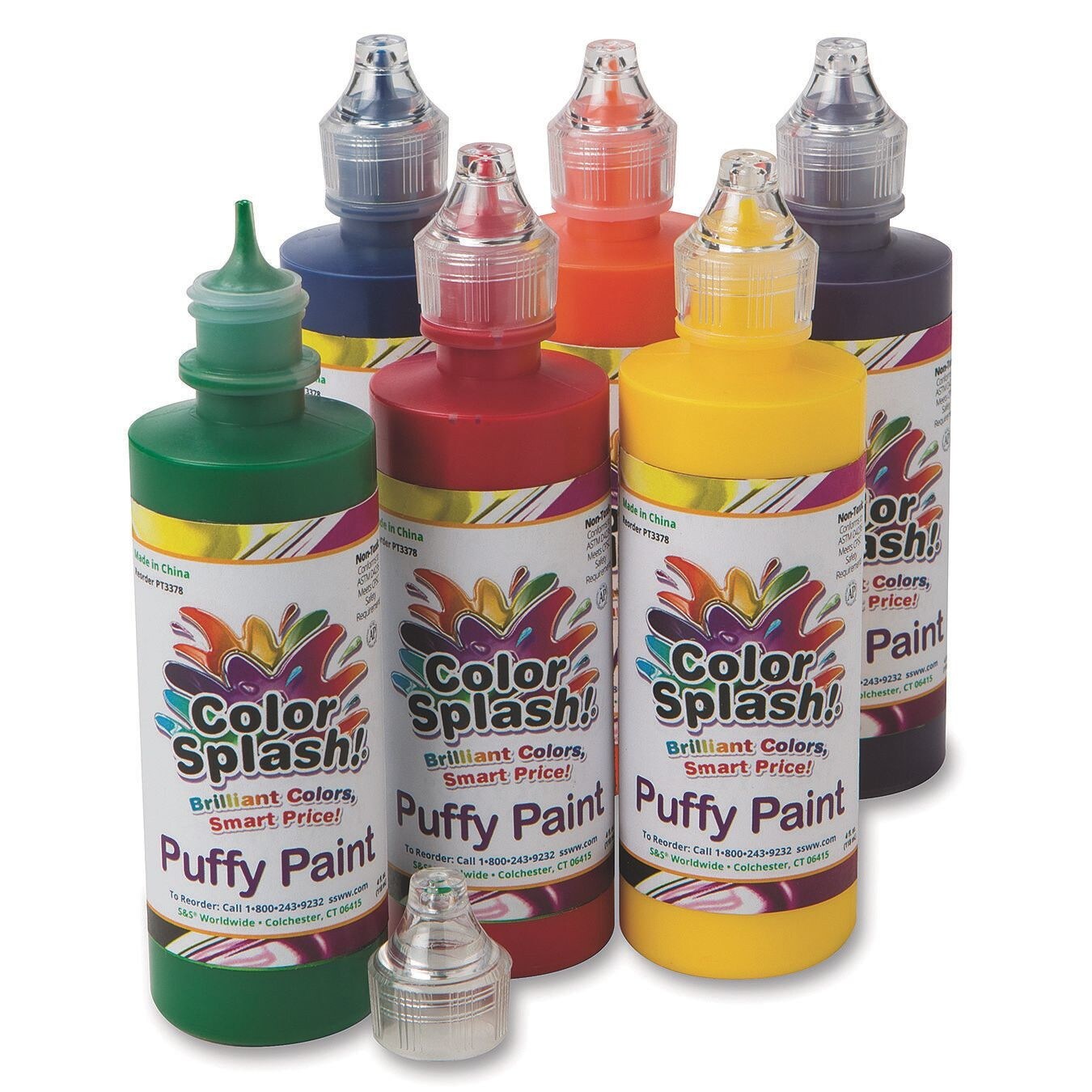 S&S Worldwide Color Splash! Puffy Paint, 6 Bright Colors Puff When Heated, 4-oz Squeeze Bottles w/Precision Tips, For Kids on Fabric, Paper, Canvas & More, Heat w/Iron, Hair Dryer, Non-Toxic Set of 6