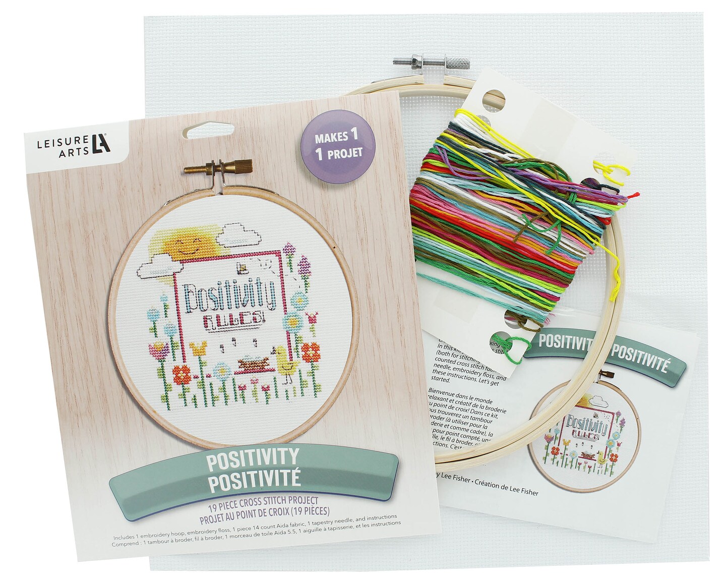 Leisure Arts Cross Stitch Kit 7in Positivity - Counted Cross Stitch Kit with Hoop, Floss, Aida Fabric and Needle - Sun Bird Design, Embroidery for Beginners