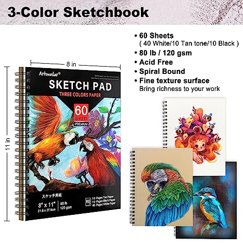 Artownlar 72 Pack Drawing Sketching Set with 8x11" Sketchbook | Pro Art Supplies Kit for Artist Adults Teens Beginner | Tutorial, Graphite Charcoal, Watercolor & Metallic Colored Pencils in Gift Case.