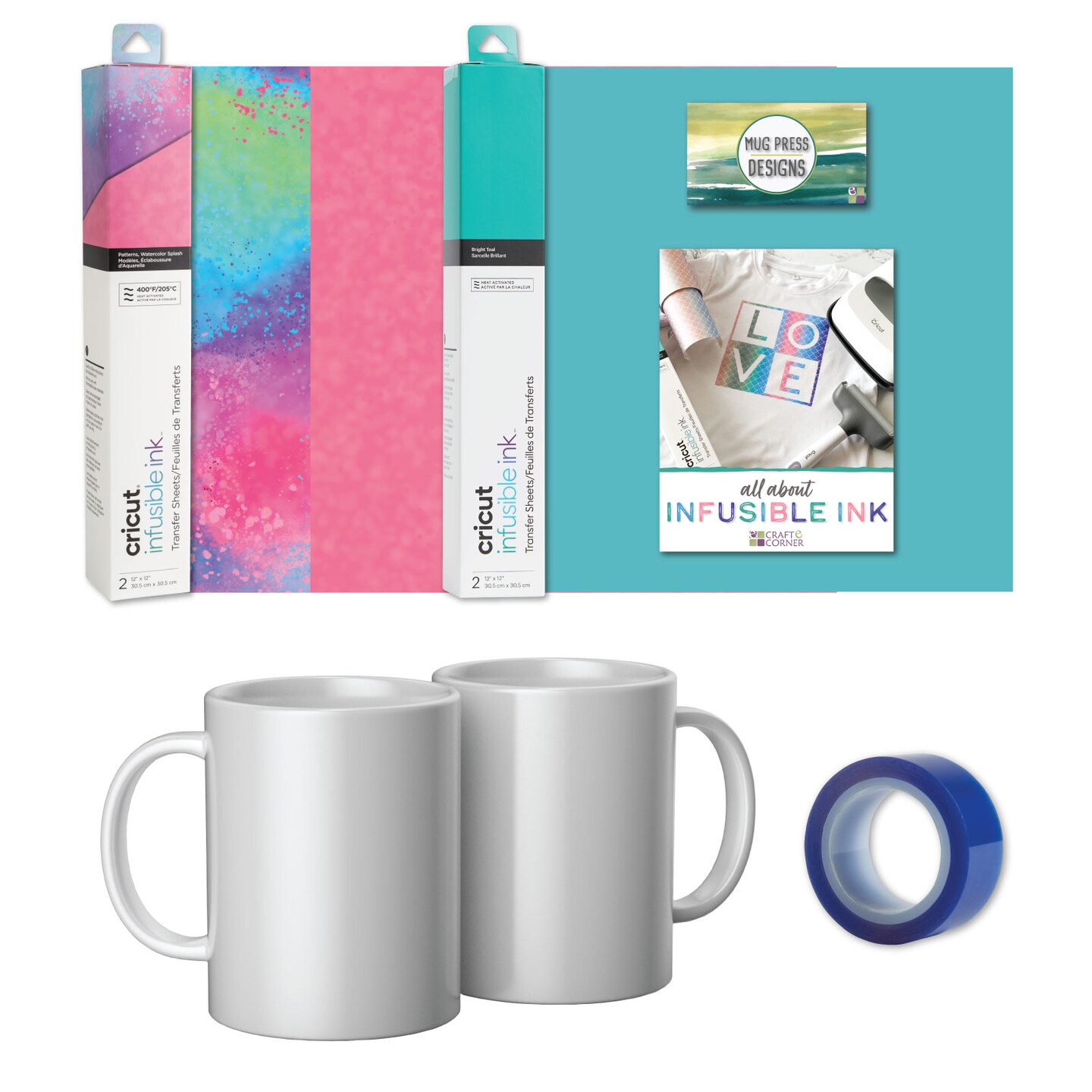 Cricut Infusible Ink Sheets in Watercolor Spash and Teal with Heat  Resistant Tape and Blank Mugs Bundle