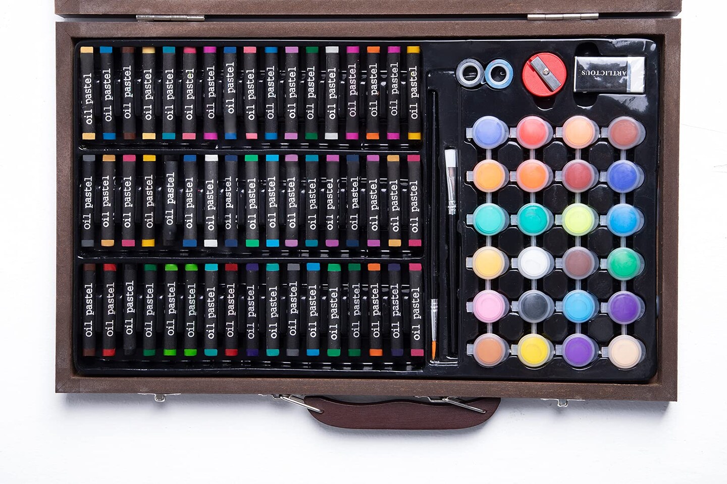 145 Pieces Deluxe Art Set in Portable Wooden Box Drawing Kit Set with Oil Pastels, Crayons, Colored Pencils, Watercolor Cakes, Brushes, Wooden Case Art Supplies (Wooden)