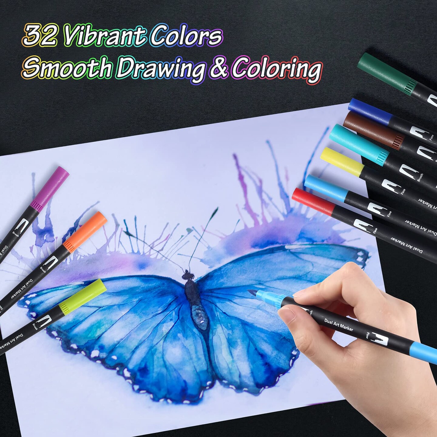 32 Colored Pens Fine Point Highlighter Pen & Brush for Adult Kids Coloring Journaling Note Taking Planner