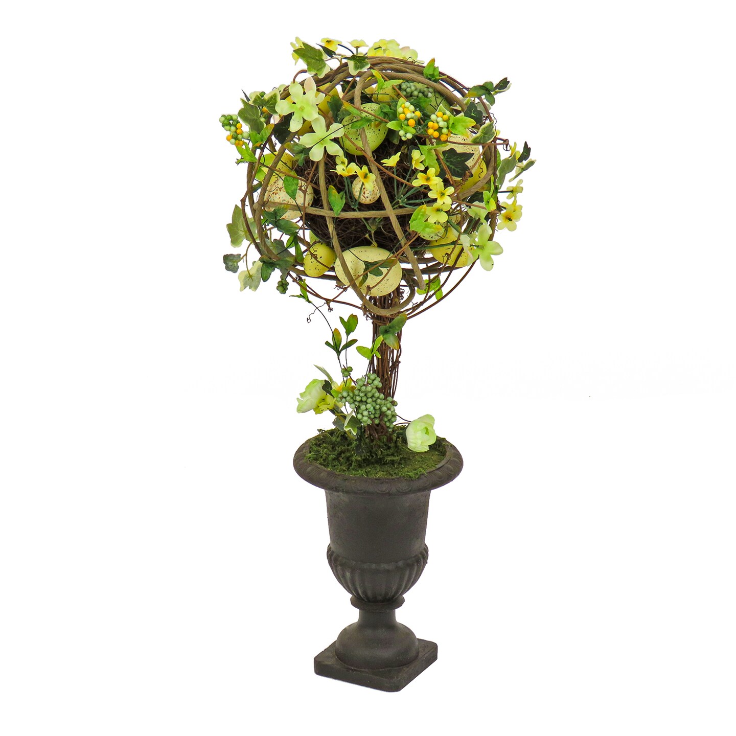 National Tree Company Artificial Single Ball Topiary, Green, Decorated with Flower Blooms and Pastel Eggs, Vine, Spring Collection, 26 Inches