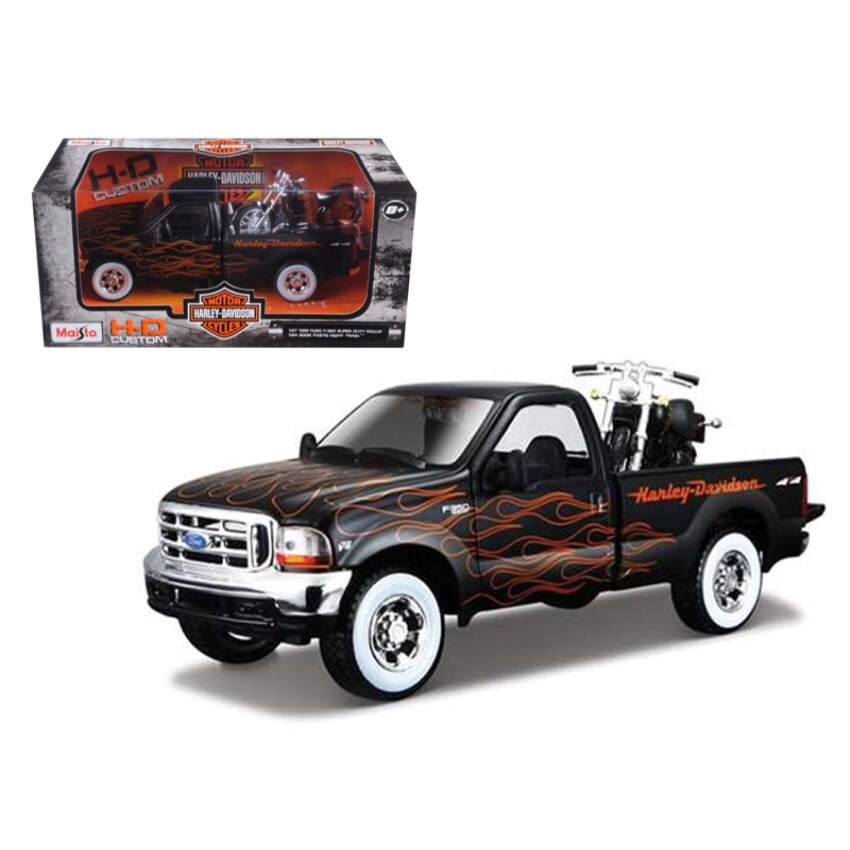1999 Ford F-350 Super Duty Pickup Black with Flames 1/27 &#x26; 2002 Harley Davidson FLSTB Motorcycle Night Train 1/24 Diecast Models by Maisto