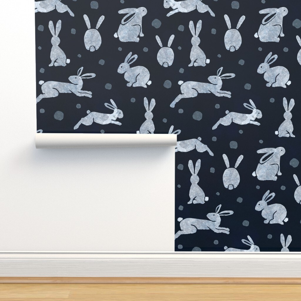 Indigo Rabbits Dark Blue Bunny Snow Hare Winter Animals Custom Pre-pasted Wallpaper by Spoonflower Pre-Pasted Wallpaper 2FT Wide