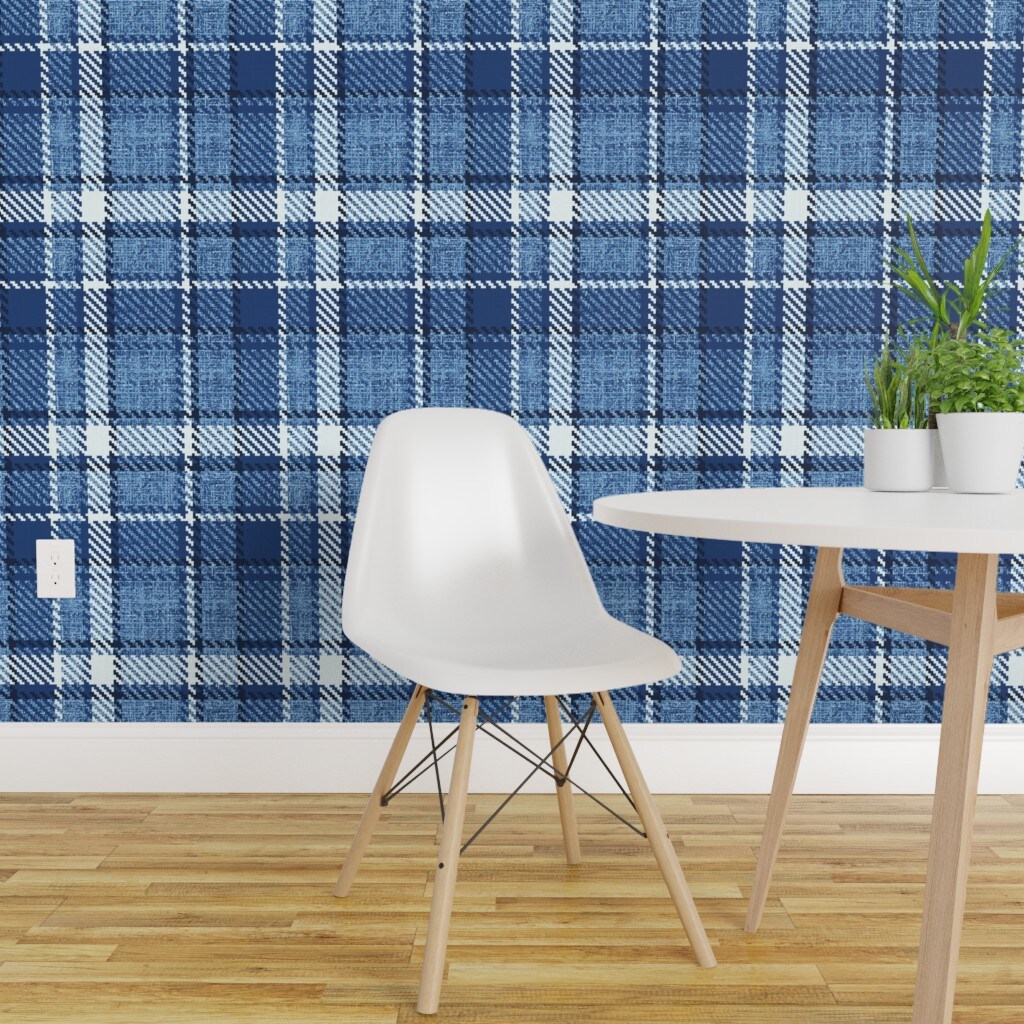 Pre-Pasted Wallpaper 2FT Wide Monochrome Plaid Blue Farmhouse Custom ...