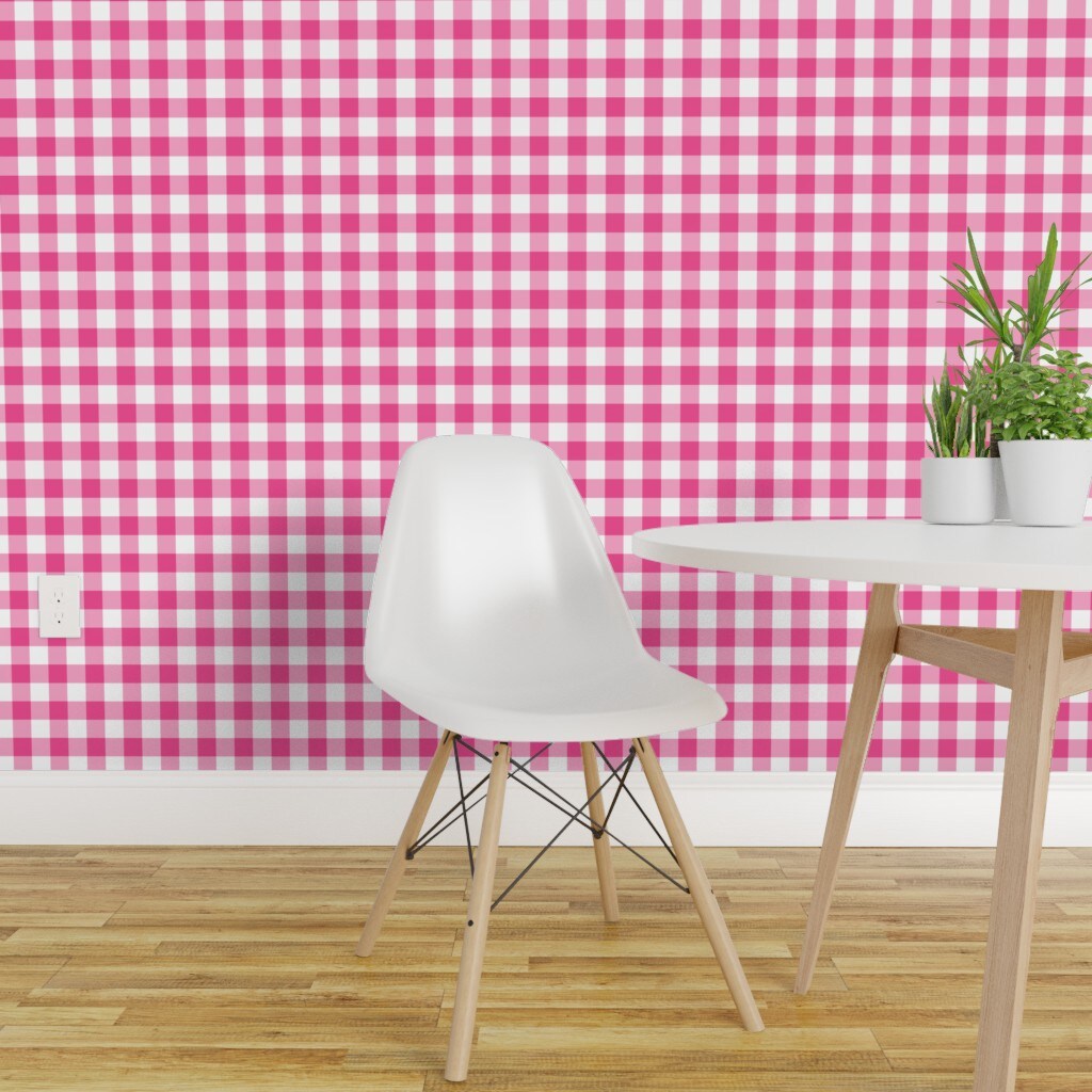 Peel & Stick Wallpaper 2FT Wide Fushia Gingham Pink Plaid Classic Cottagecore Custom Removable Wallpaper by Spoonflower