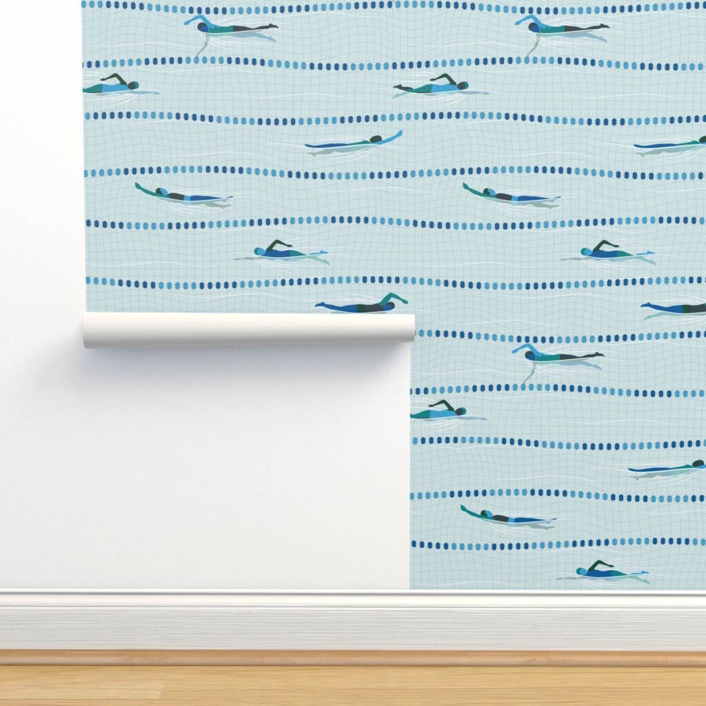 Blue Water Sports Swimmer Athlete Triathlon Pool Custom Removable Wallpaper by Spoonflower Peel & Stick Wallpaper 2FT Wide