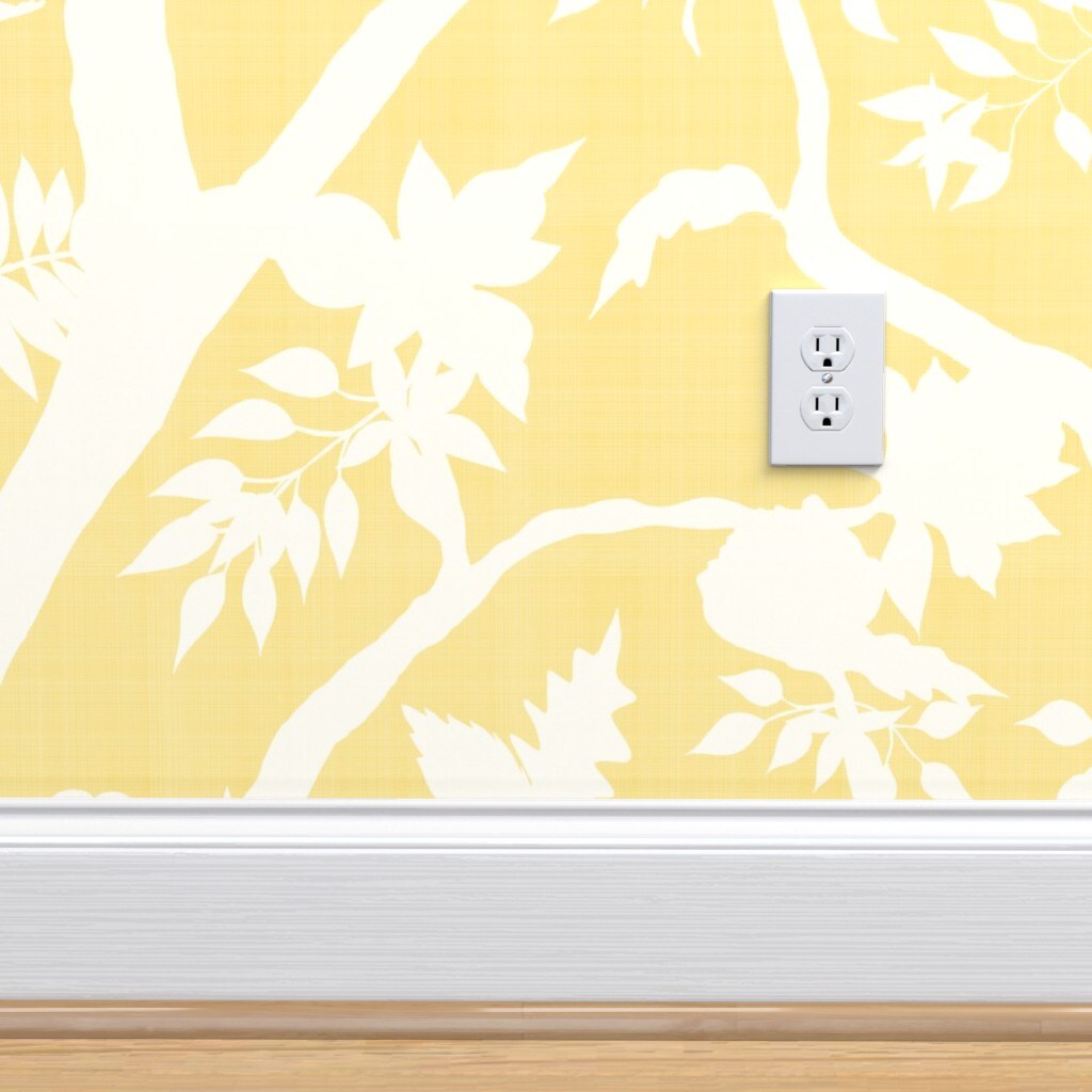 Peel &#x26; Stick Wallpaper 2FT Wide Chinoiserie Butter Yellow Cream Floral Flower Silhouette Timeless Grandmillenial Custom Removable Wallpaper by Spoonflower