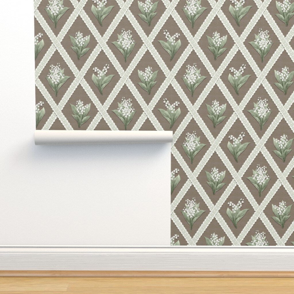 Traditional Floral Lattice Earth Tones Cottagecore Cream Brown Green Custom Removable Wallpaper by Spoonflower Peel & Stick Wallpaper 2FT Wide