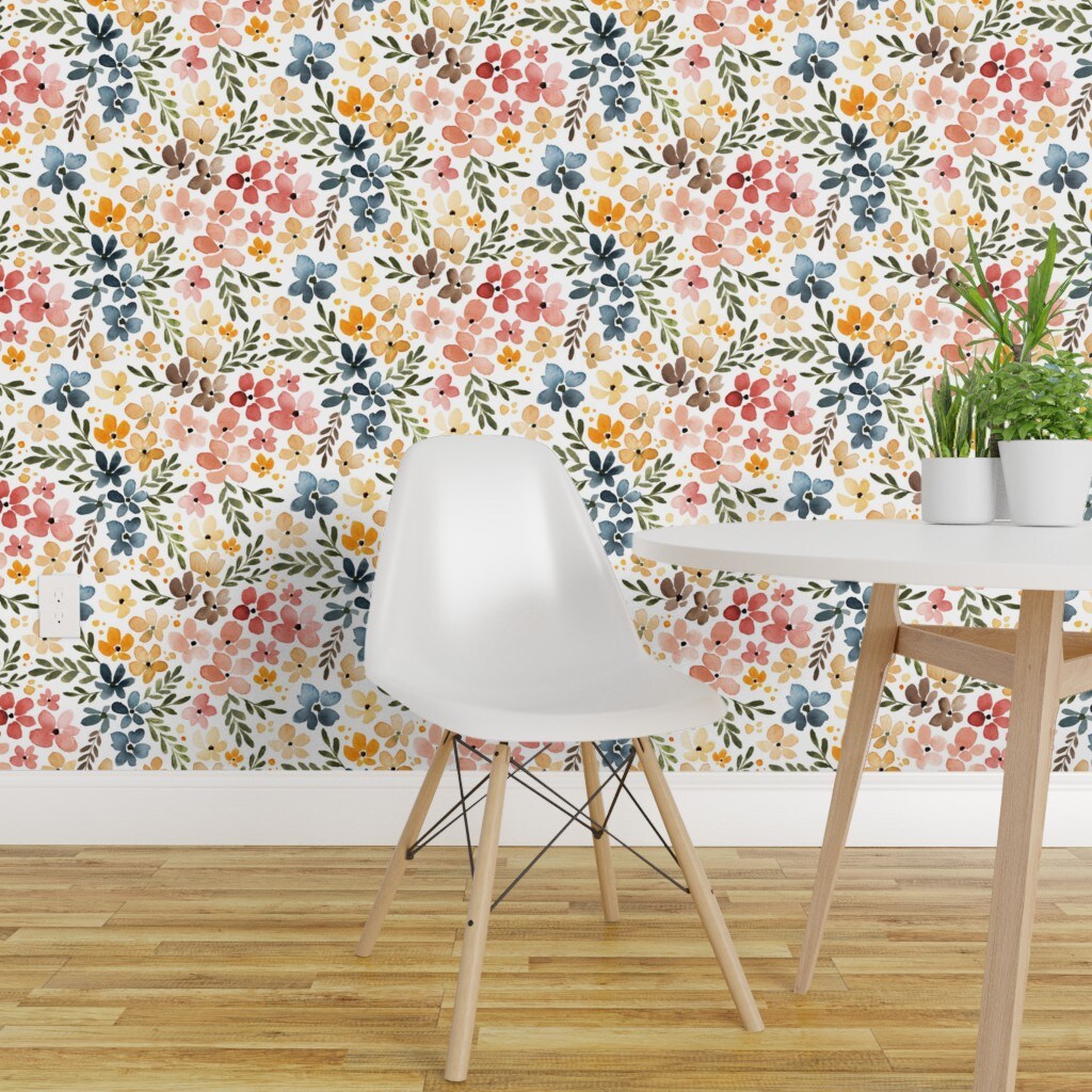 Peel &#x26; Stick Wallpaper 2FT Wide Floral Multicolor Spring Summer Watercolor Botanical Painted Blooming Flowers Large Scale Custom Removable Wallpaper by Spoonflower