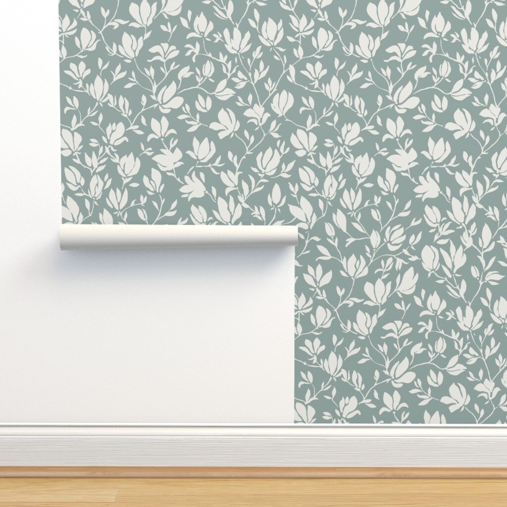 Modern Floral Large Scale Sage Green Elegant Custom Pre-pasted Wallpaper by Spoonflower Pre-Pasted Wallpaper 2FT Wide