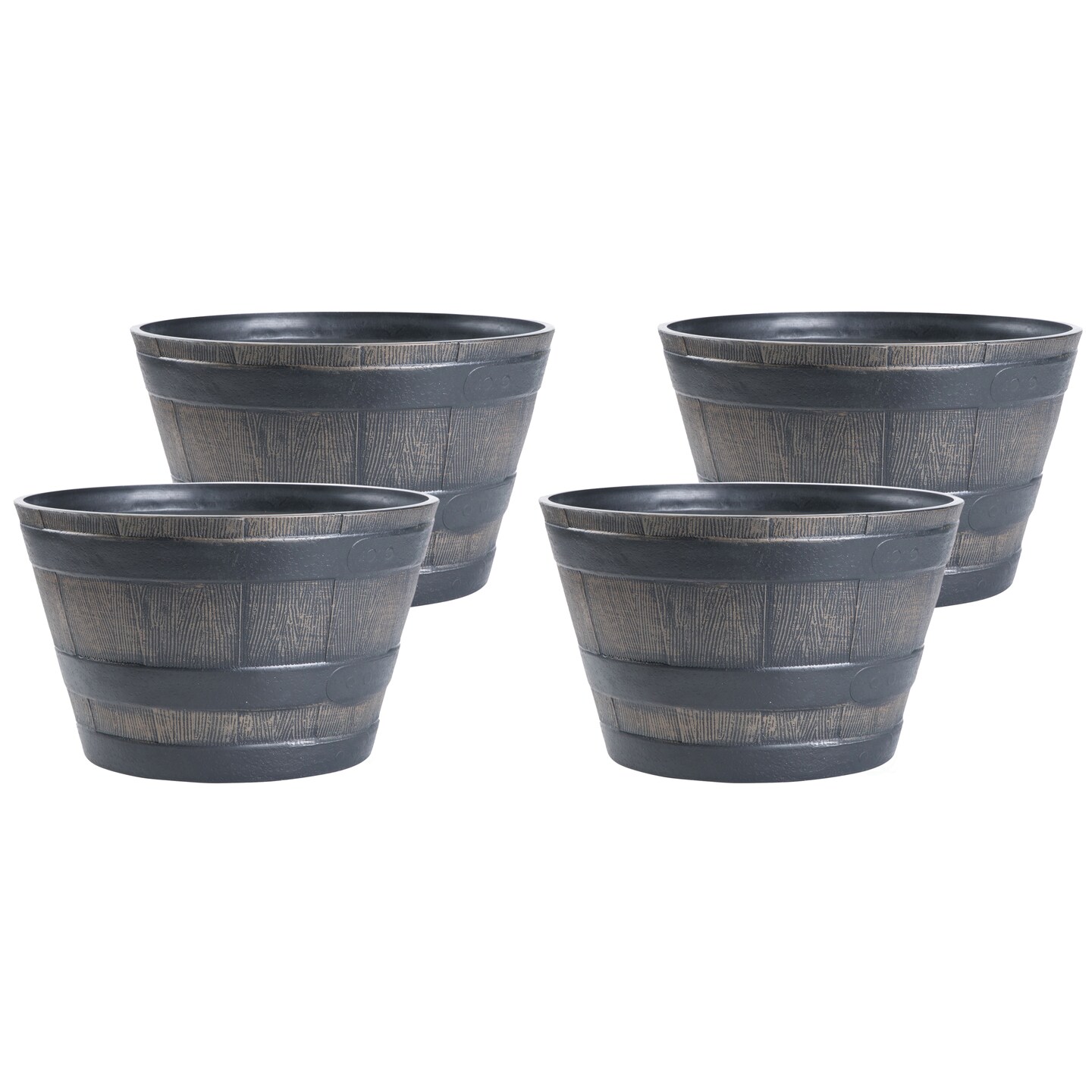 Rustic Wood-Look Plastic Half Barrel Flower Pot Planter 4 Pack Weather-Resistant