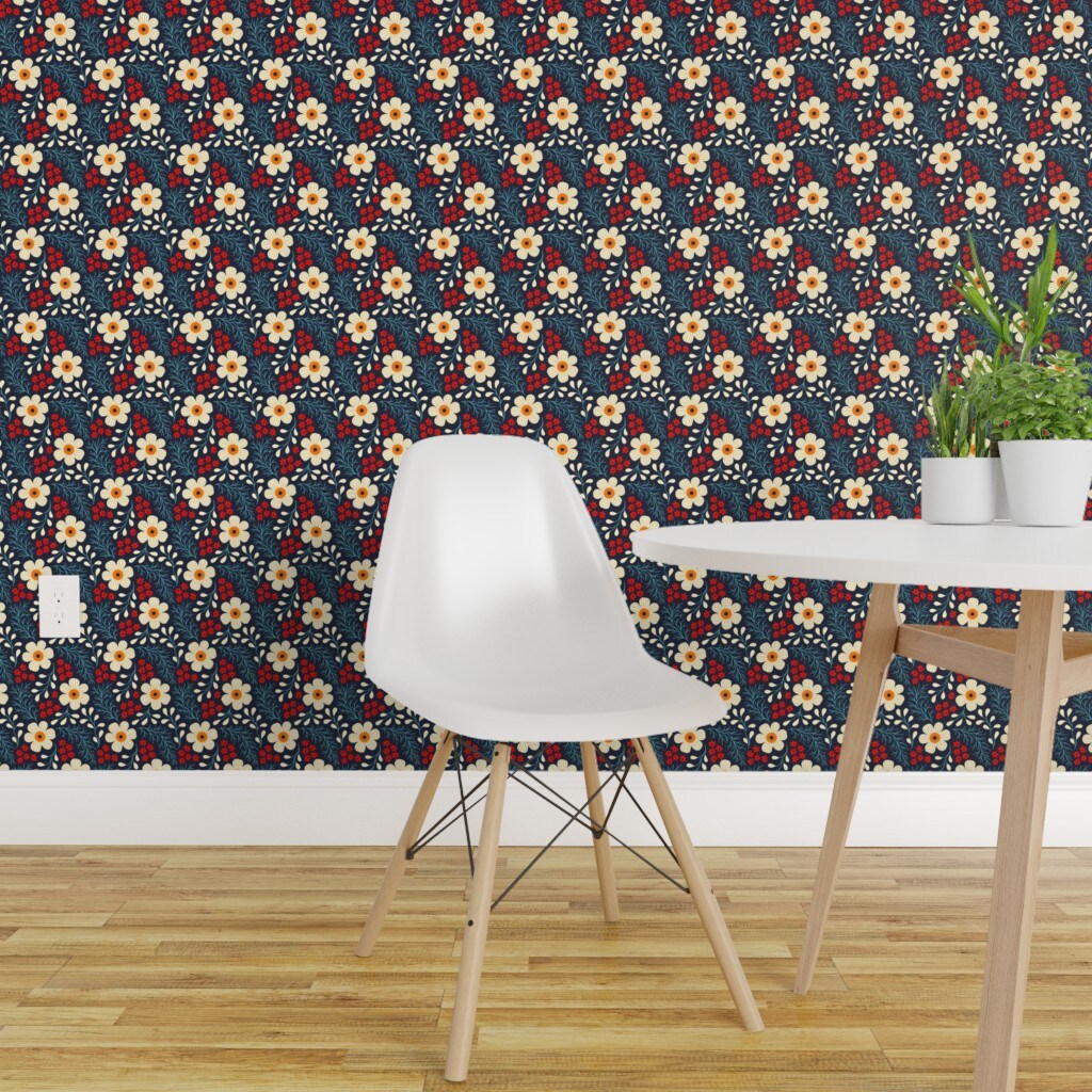 Peel &#x26; Stick Wallpaper 2FT Wide Red Leaves Hand Drawn Garden Daisy Ditsy Meadow Boho Camomile Floral Botanical Modern Cottage Cottagecore Small Scale Custom Removable Wallpaper by Spoonflower