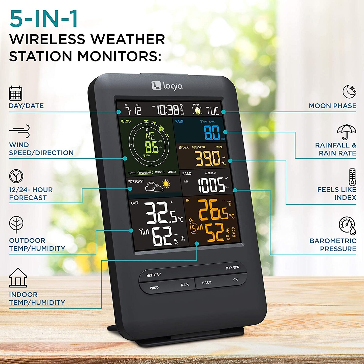 Logia 5-in-1 WiFi Wireless Weather Station with solar panel and Black LED Display