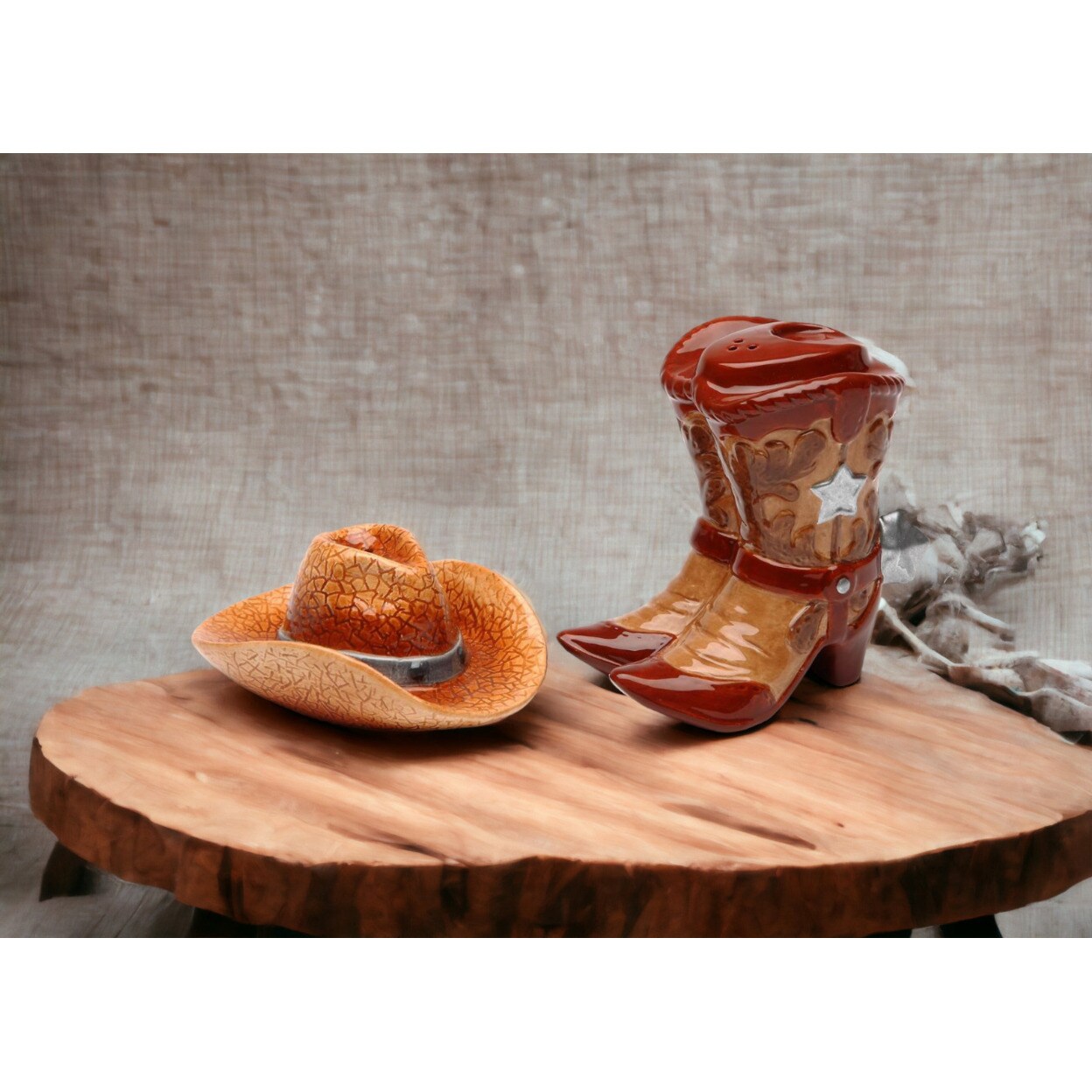 Wild West: Hand Painted Ceramic Cowboy Hat and Boots Salt and Pepper Shakers