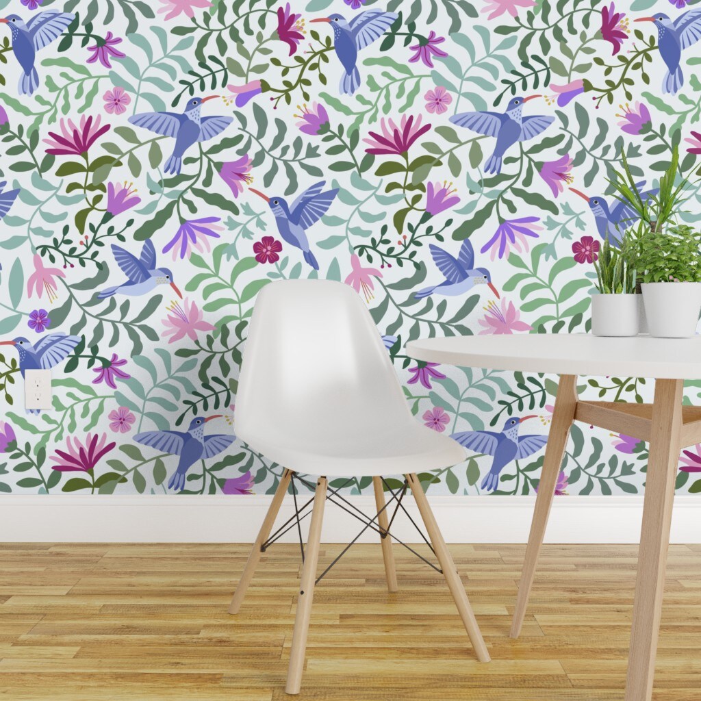 Pre Pasted Wallpaper 2ft Wide Hummingbird Flower Purple Birds Foliage