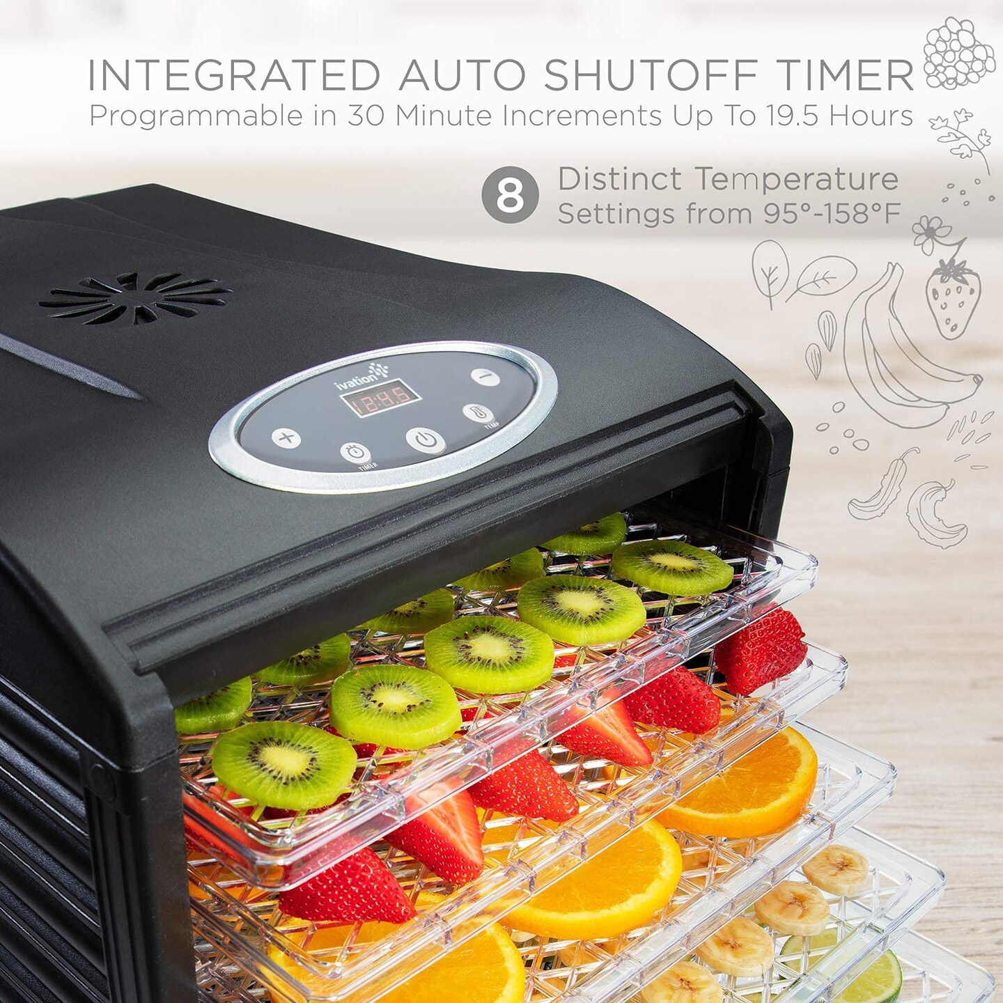 Ivation, Plastic Tray Food Dehydrator For Snacks, Herbs, Fruit &#x26; Beef Jerky