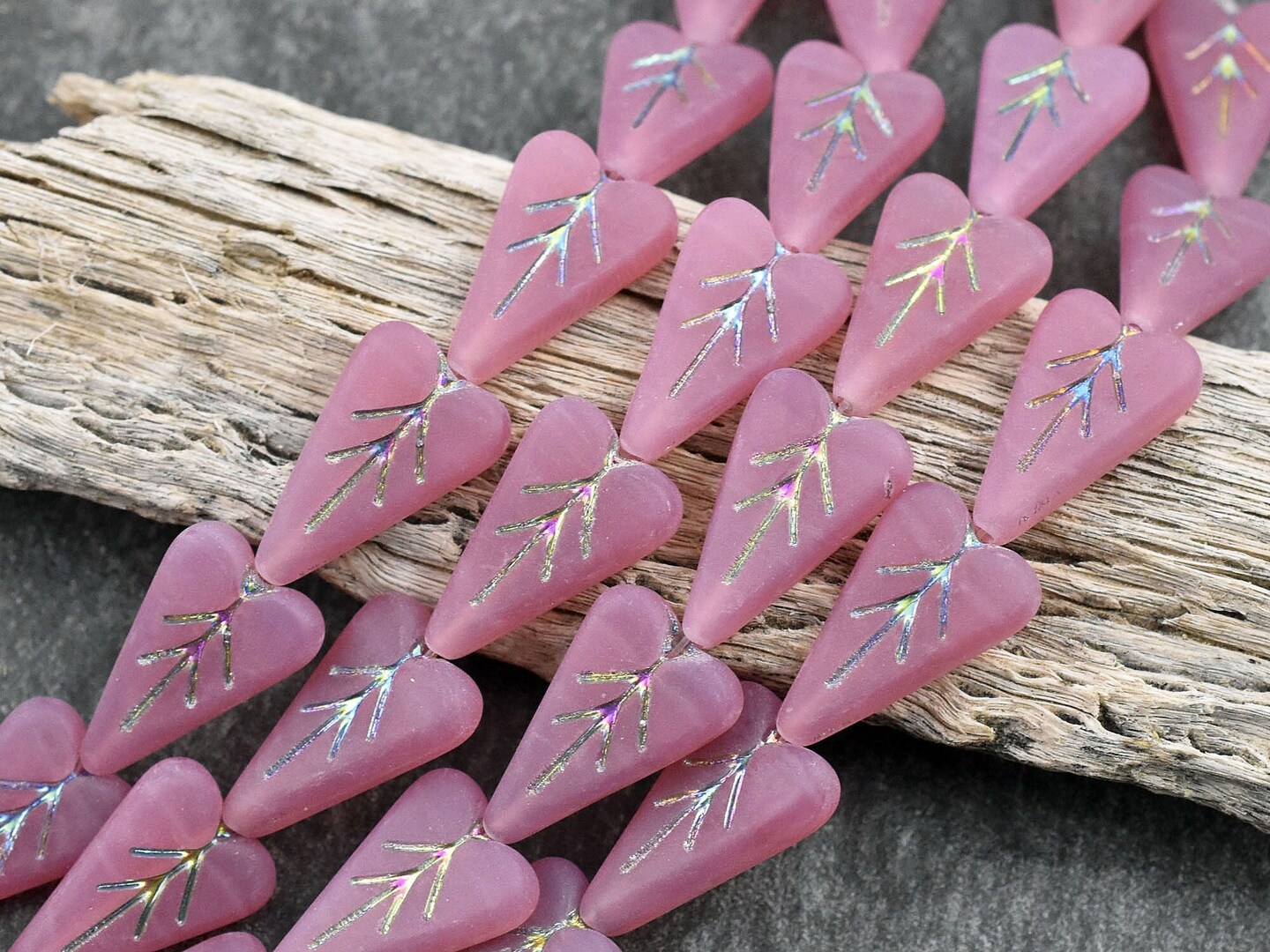 *8* 17x11mm Rainbow Metallic Washed Matte Pink Opal Heart Leaf Beads