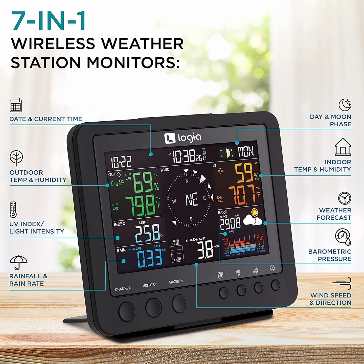 Logia 7-in-1 Wireless Weather Station with Black LED Display