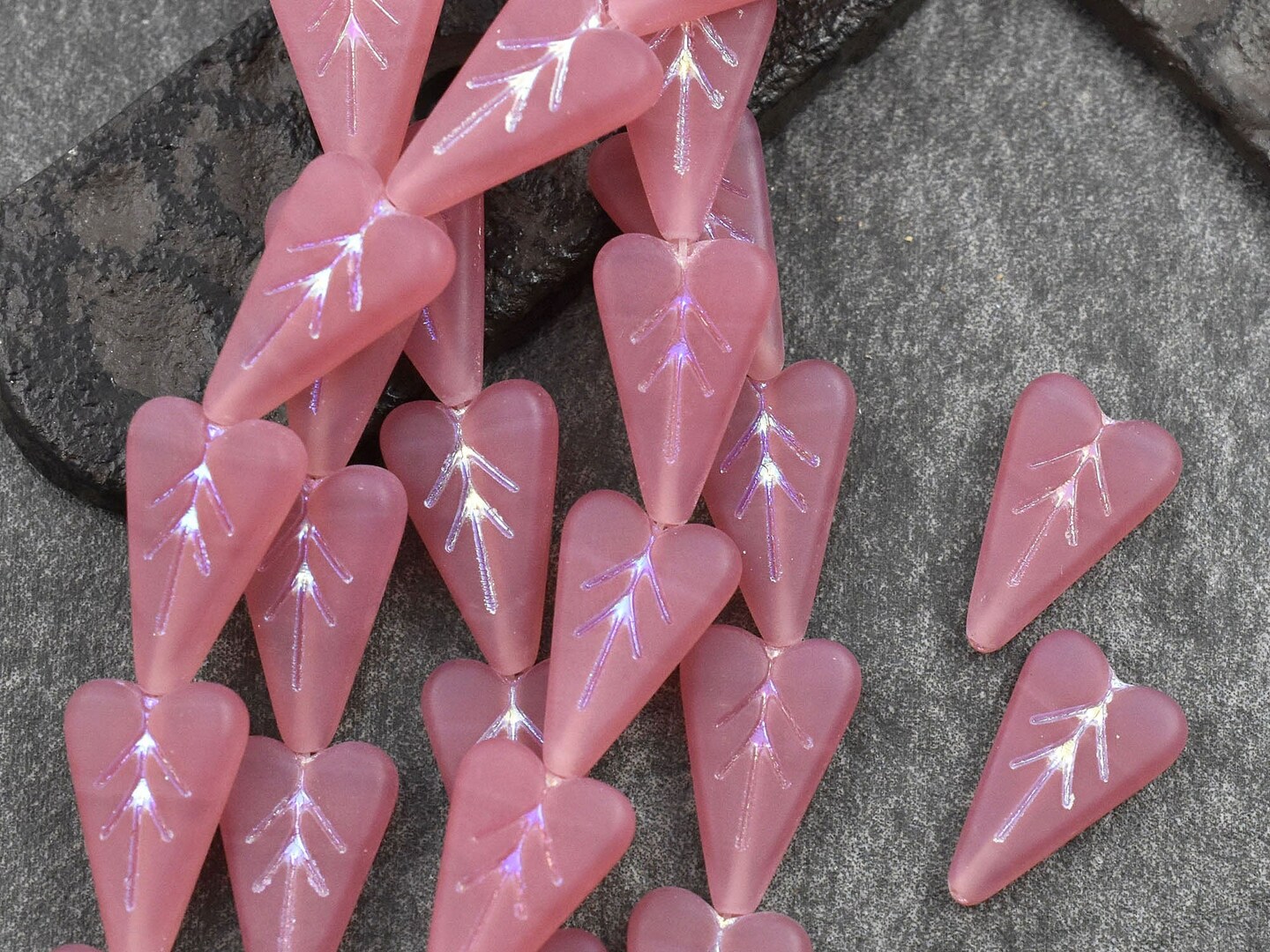 *8* 17x11mm Rainbow Metallic Washed Matte Bubble Gum Pink Opal Heart Leaf Beads