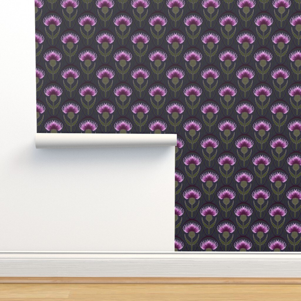 Art Nouveau Medium Scale Botanicals Thistle Dark Blue Purple Custom Pre-pasted Wallpaper by Spoonflower Pre-Pasted Wallpaper 2FT Wide