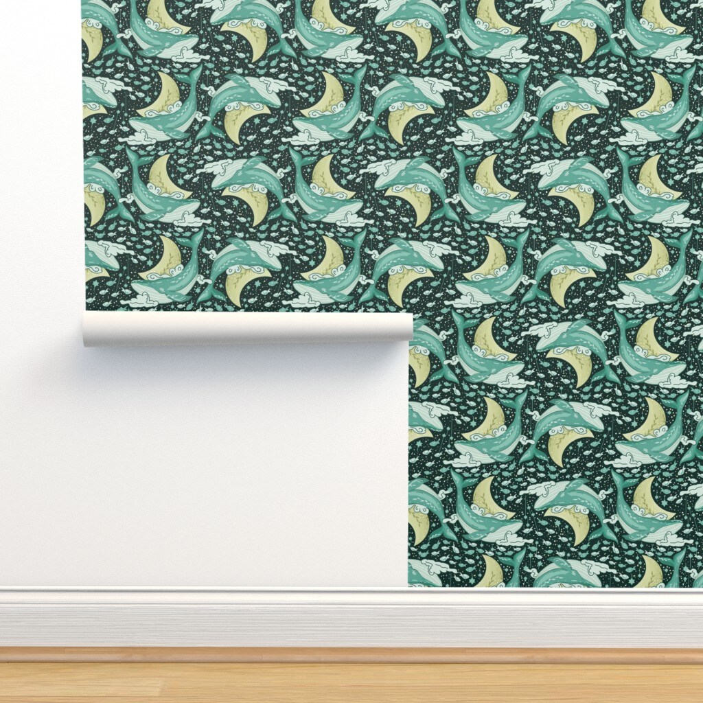 Space Whales Ocean Nautical Animals Moon Galaxy Clouds Teal Celestial Whimsical Cosmos Crescent Custom Removable Wallpaper by Spoonflower Peel & Stick Wallpaper 2FT Wide