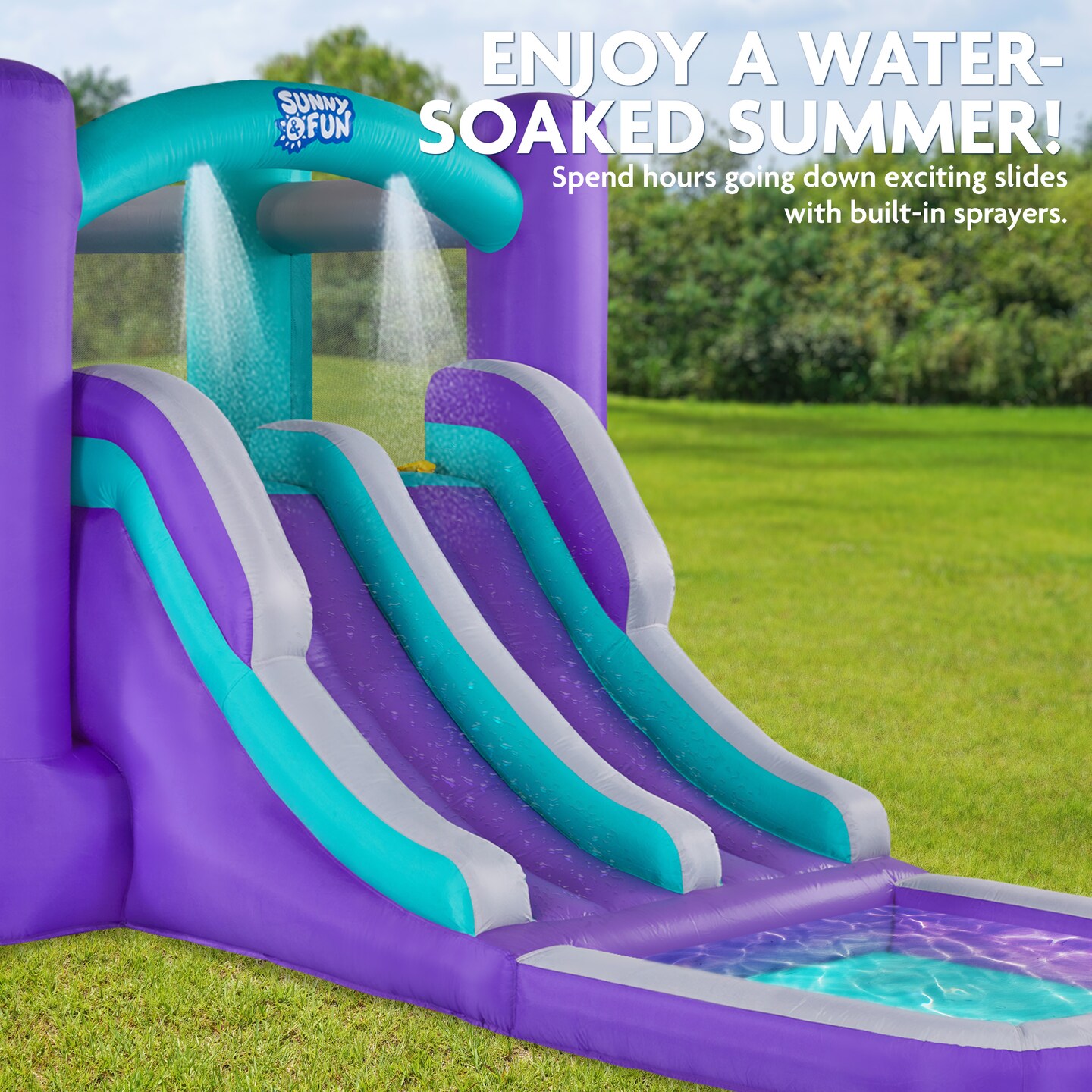 Sunny & Fun Inflatable Water Slide, Kids Pool with Slide & Bounce House with Air Pump & Case