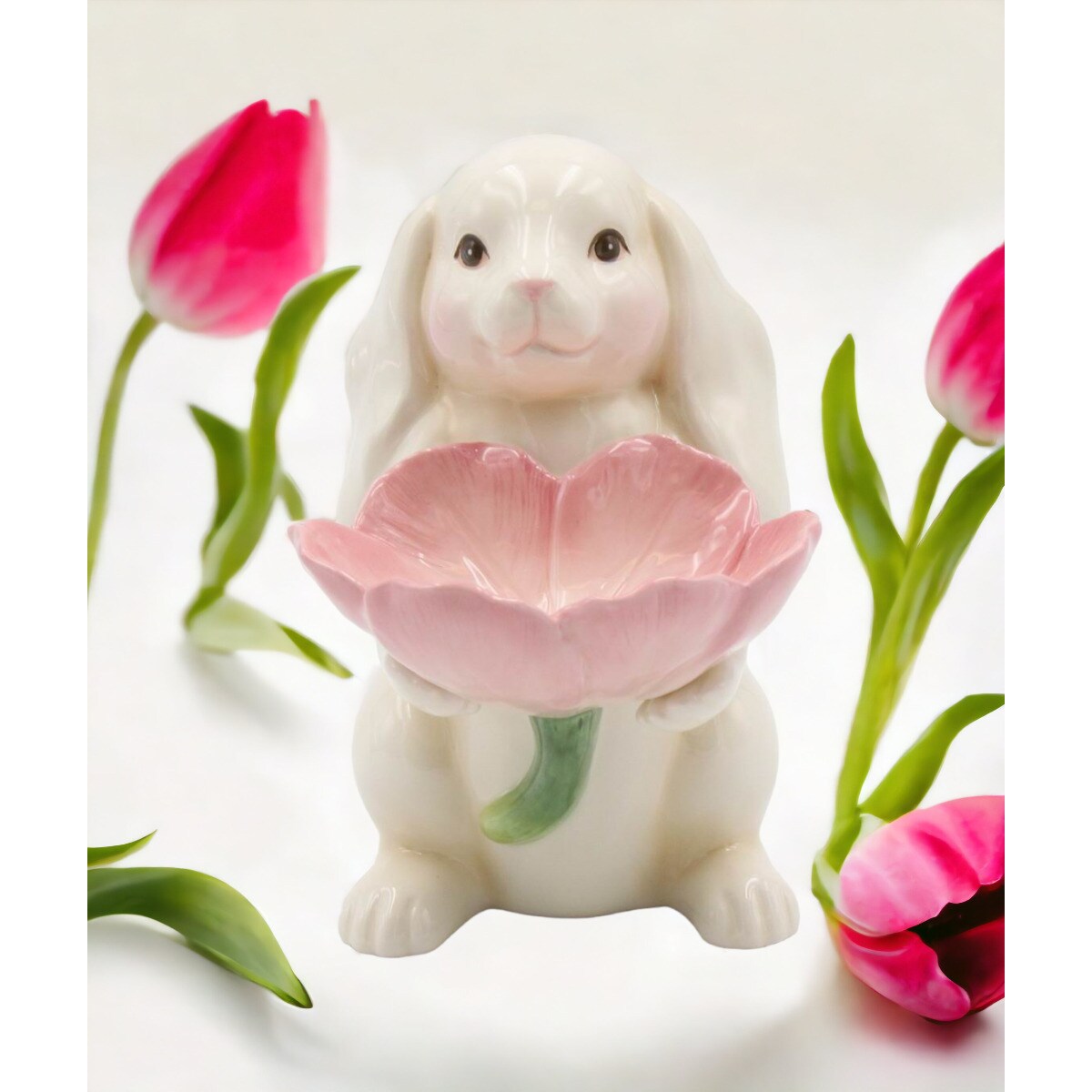 Springtime Bunnies: Easter Bunny Rabbit Holding Pink Flower Candy Dish Gift