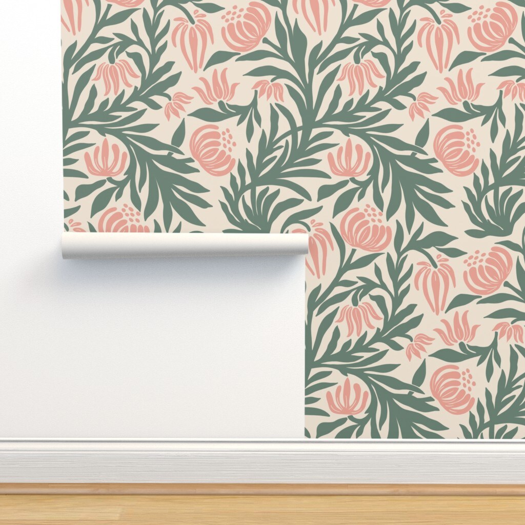 Sage Botanical William Morris Arts And Crafts Cottagecore Grand Millennial Modern Floral Custom Pre-pasted Wallpaper by Spoonflower Pre-Pasted Wallpaper 2FT Wide