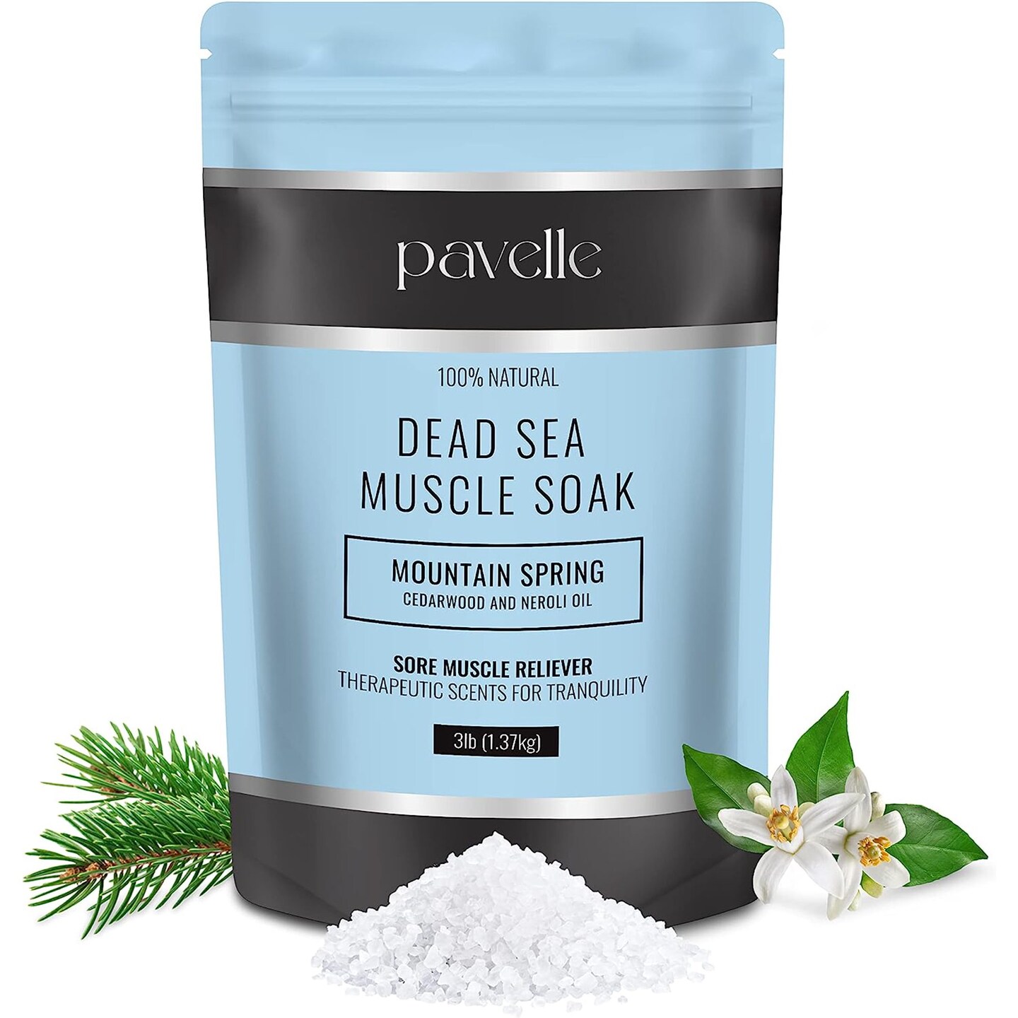 Pavelle Dead Sea Muscle Soak Bath Salts, Bath Soak for Body Pain Relief, 3lb (1.7kg)