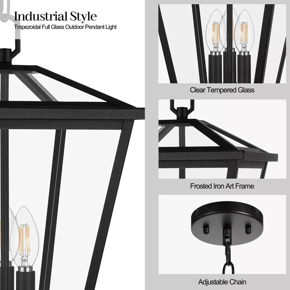 3-Light Outdoor Pendant Light Metal Glass Outdoor Hanging Light Ceiling Mount